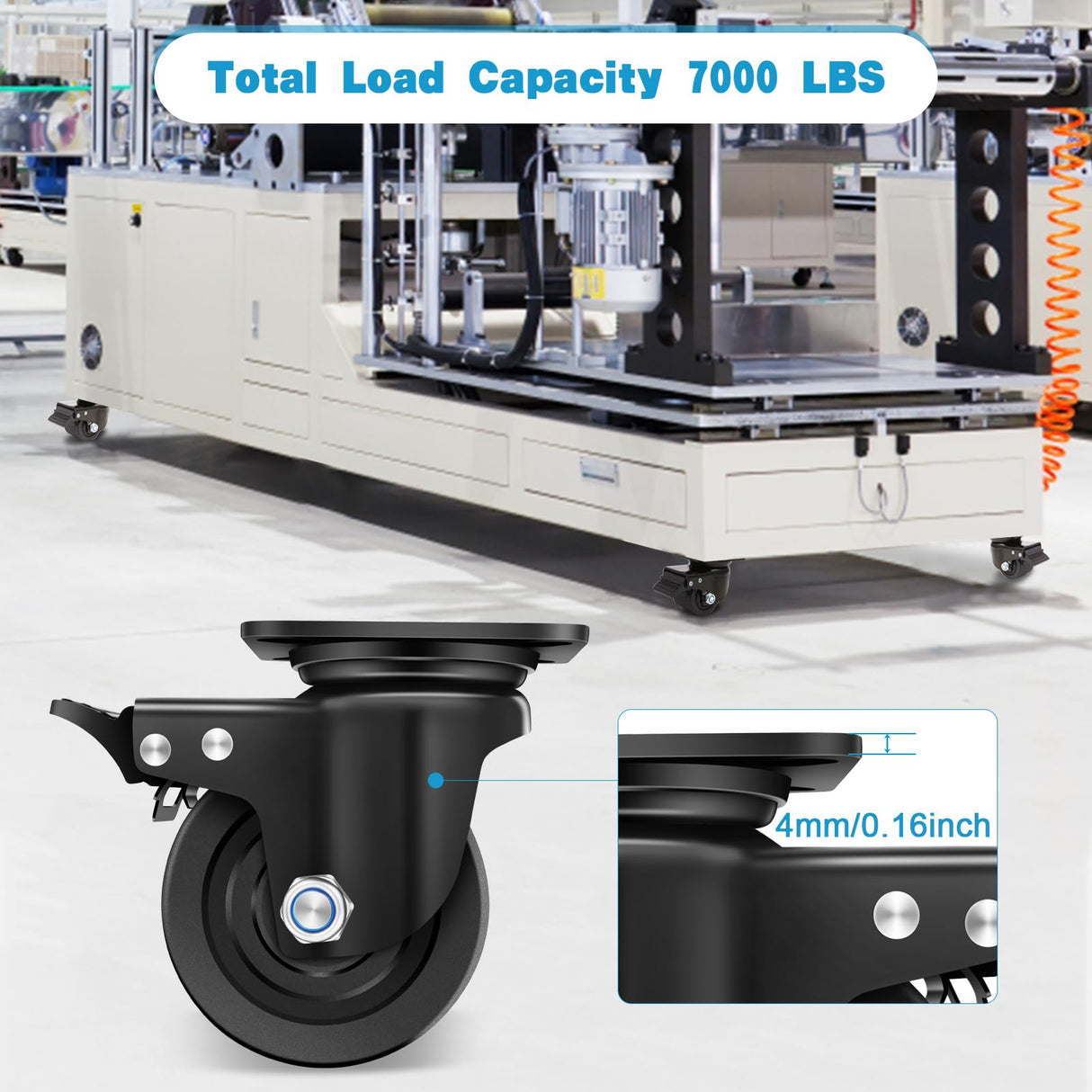 Nefish 4-Inch Heavy Duty Casters Set of 4, Industrial Grade Casters Wheels 7000 LBS, Low Gravity Plate Swivel Caster with Brake, Sturdy & Corrosion-Resistant Nylon Wheels for Industrial, Equipment Nefish