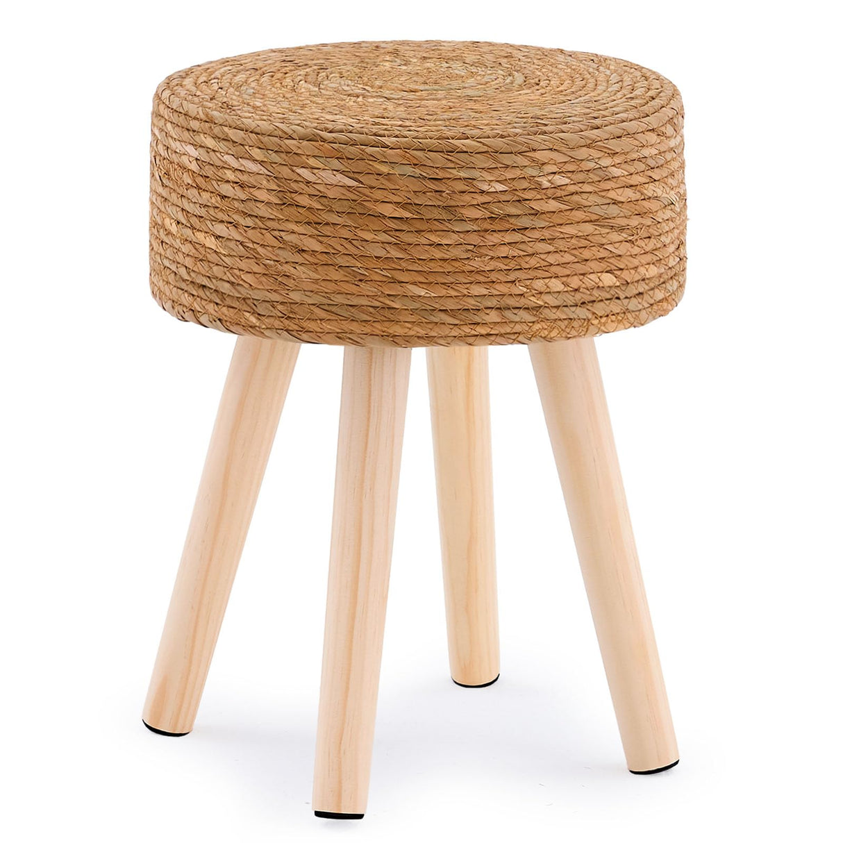 LGENHOOM Natural Handwoven Water Hyacinth Ottoman, Round Footstool with Solid Wood Legs, 17-Inch Multipurpose Vanity Stool, Dining Chair, or Patio Footrest for Balcony and Garden, Original LGENHOOM