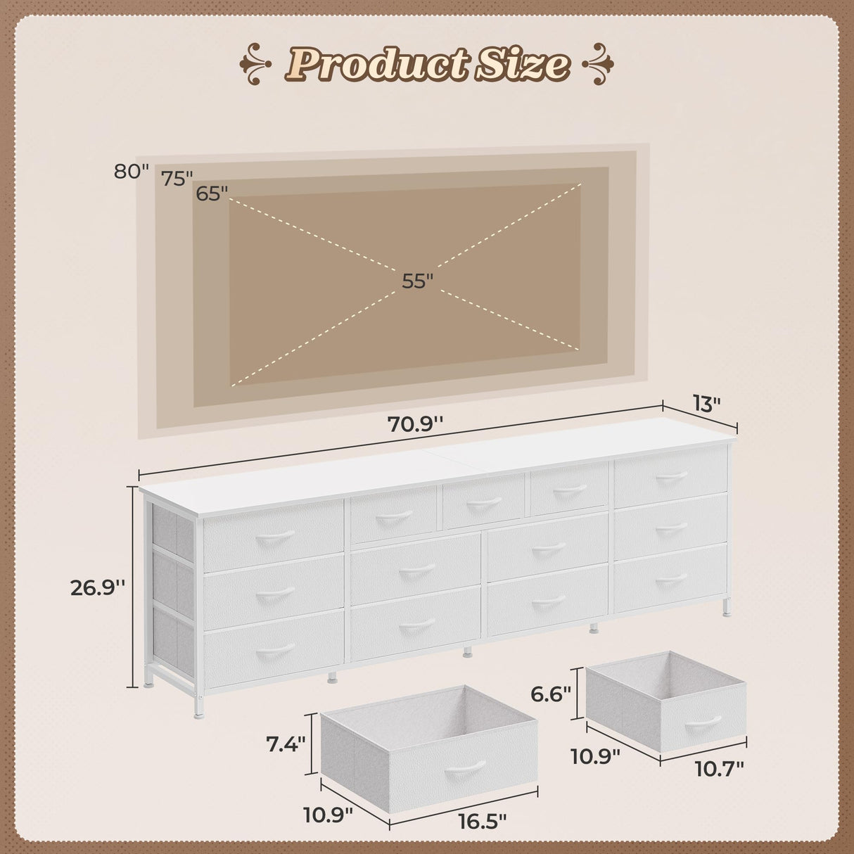 Huuger 70 Inch White Dresser for Bedroom, TV Stand for 65, 75, 80 Inch TV, 13 Fabric Drawer Long Dresser, Wide Chest of Drawer, Storage Units for Bedroom Huuger