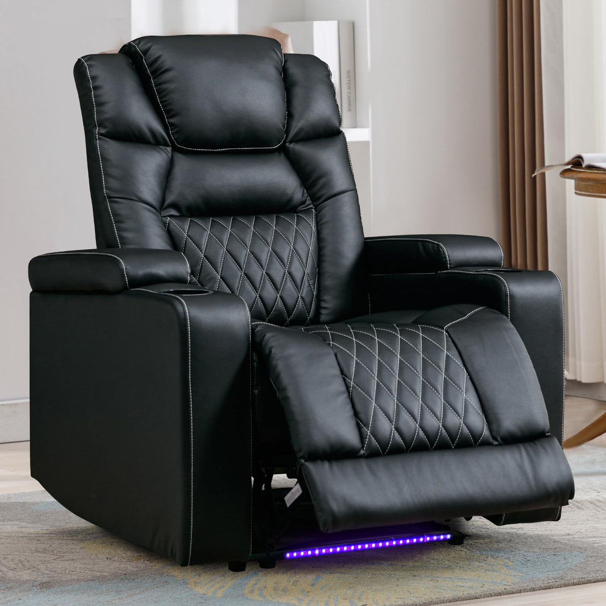 Power Home Theater Seating, Electric Recliner Sofa with LED Light, 23" Spacious Seat, Overstuffed Backrest, USB Ports and 2 Cup Holders, Faux Leather Recliner Chair for Movie Room, Black Bonzy Home