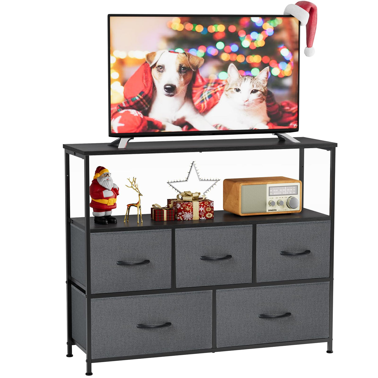 Sweetcrispy TV Stand for Bedroom, TV Dresser for 45 inches, Media Console Table, Entertainment Center with 5 Fabric Drawers Cabinet and Open Storage Shelf Furniture Cabinet for Living Room, Hallway Sweetcrispy