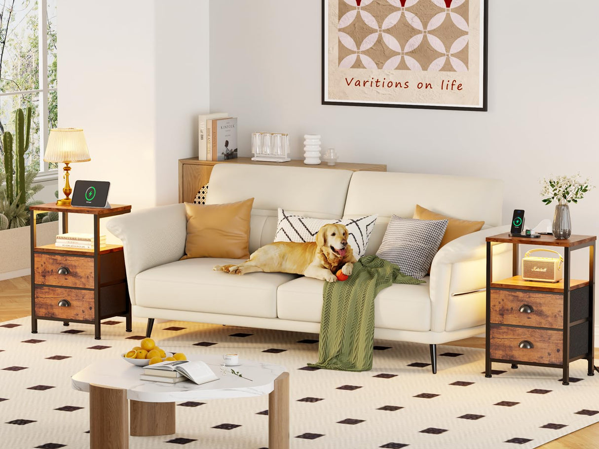 Furologee Nightstands Set of 2 Charging Station, End Tables with LED Lights, Nightstands with 2 Fabric Drawers and Shelves, Bedside Tables for Living Room/Bedroom,Rustic Brown Furologee