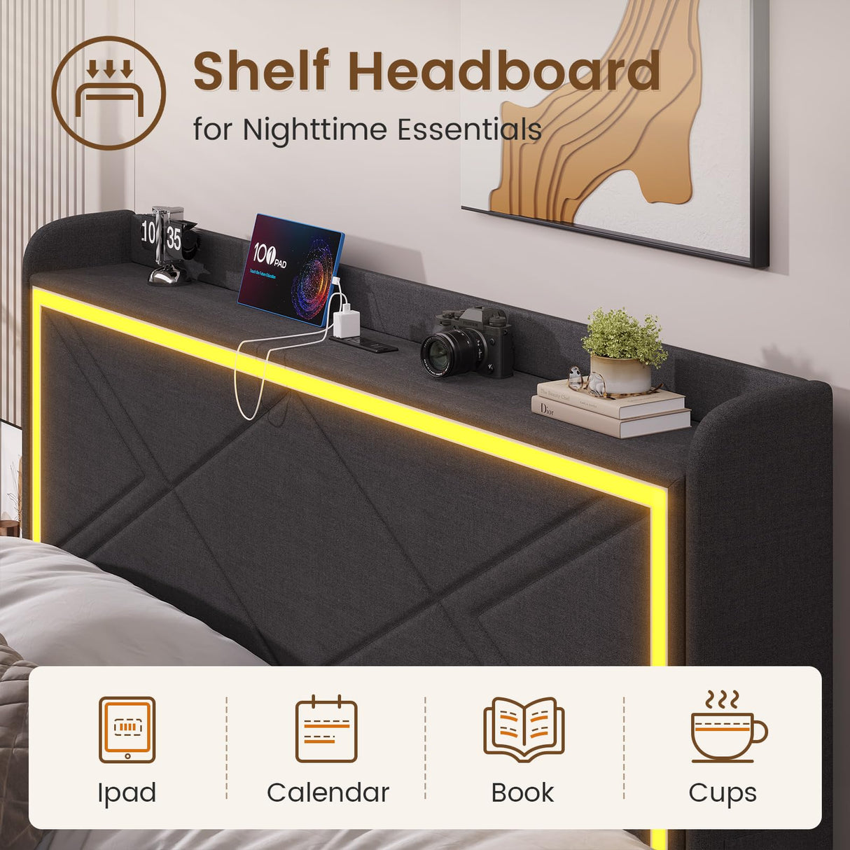 BTHFST Modern Queen Bed Frame with RGB LED Headboard, USB Charging & Storage Drawers in Dark Gray BTHFST