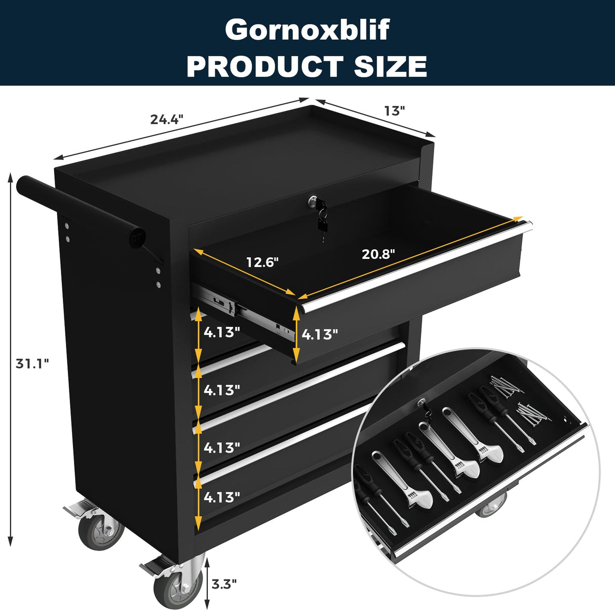 Gornoxblif 5-Drawers Black Metal Rolling Tool Chest with Wheels,Tool Storage Cabinet with Locking System,Toolbox with Wheels for Garage, Warehouse, Workshop, Repair Shop Gornoxblif
