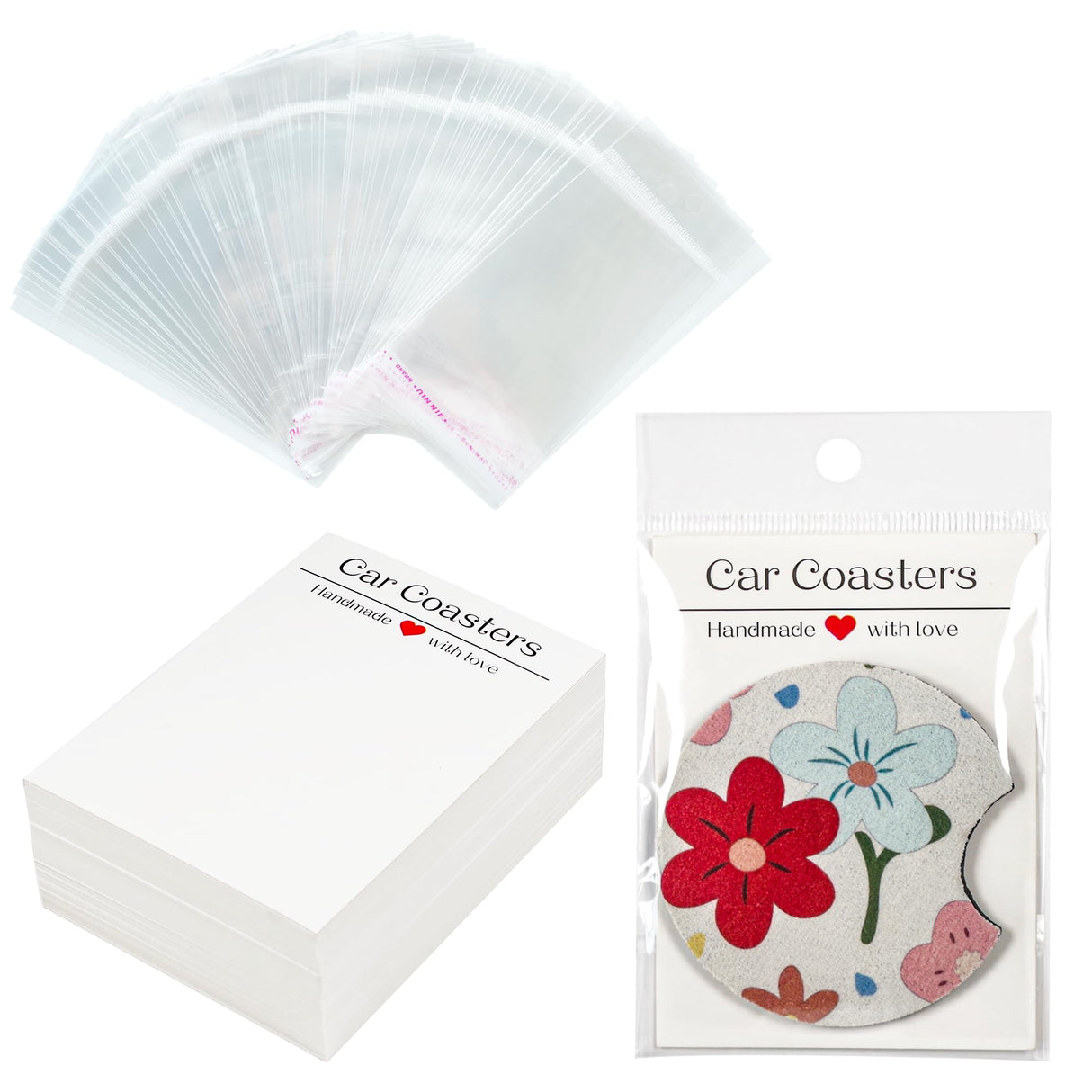 Vcekract 100Pcs Car Coaster Packaging for Selling, Sublimation Car Coasters Cards with 100Pcs Bags, Car Coaster Packaging, Coasters Display Cards 3.93x2.85In, Heat Press Machines Accessories Vcekract