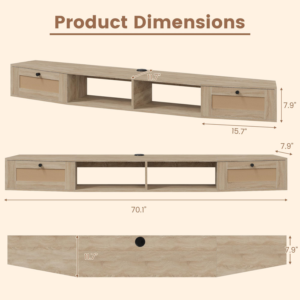EROMMY Modern Rattan Floating TV Stand, Wall-Mounted Floating Stand for TVs up to 80 Inches with Doors, Entertainment Center for Under TV Storage, 70 inch, Oak EROMMY