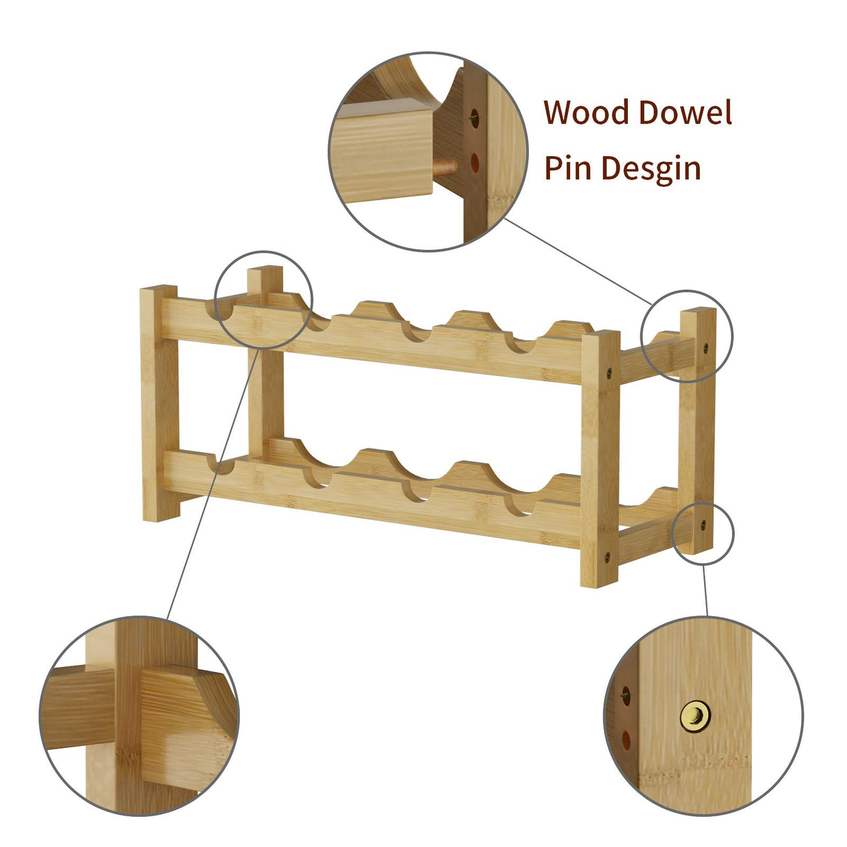 BAMEOS Wine Rack Free Standing 8 Bottle 2 Tier Bamboo Wine Racks Countertop Cabinet Wine Holder Wine Storage Shelf for Kitchen, Bar, Pantry, Wine Cellar, Basement, Countertop (16.85 L x 9.25W x 7H) BAMEOS