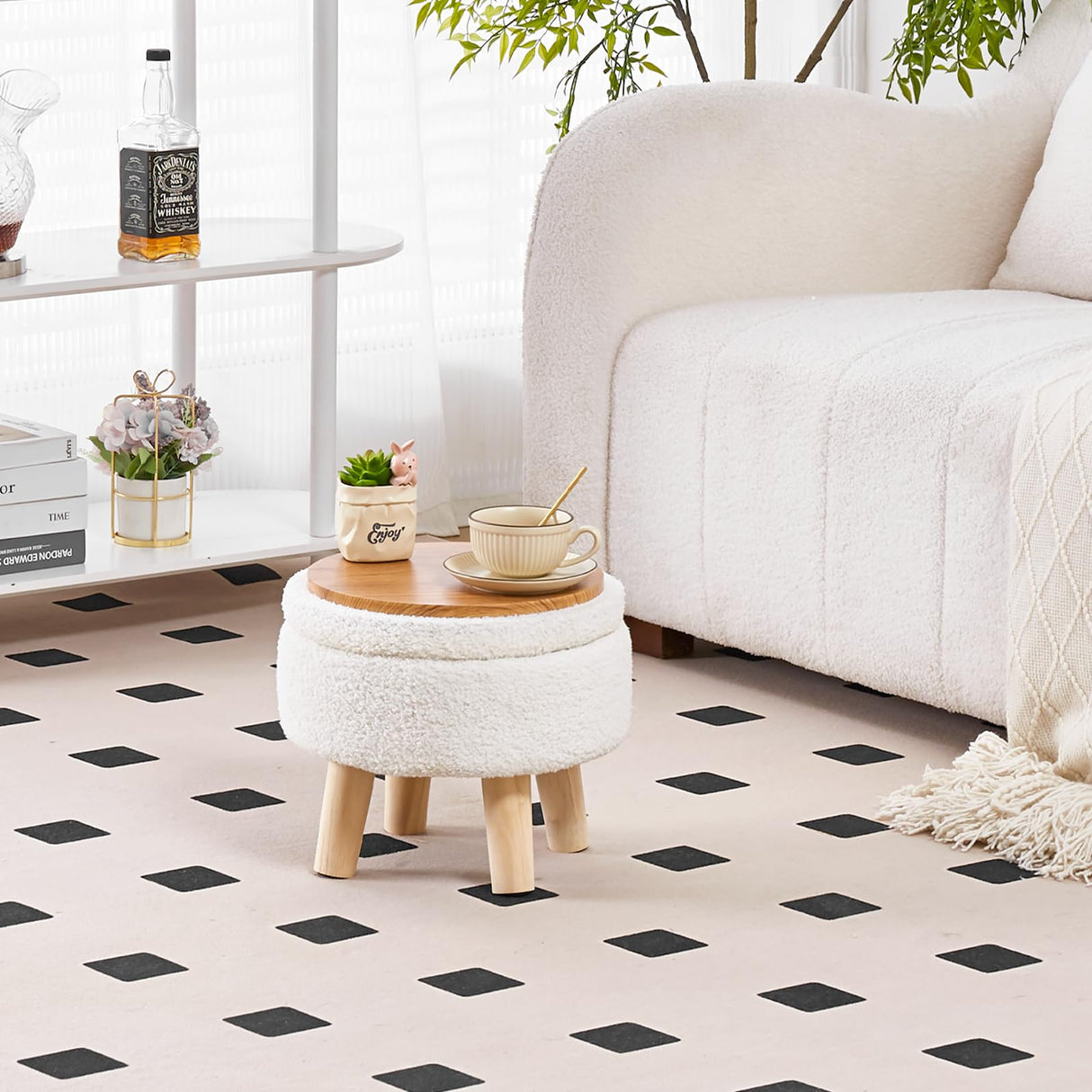 Wimarsbon Storage Ottoman, Modern Round Footrest with Soft Padded Seat, Teddy Velvet Footstool with Wood Legs, Accent Small Table or Plant Stand for Hallway, Living Room (Cream) Wimarsbon