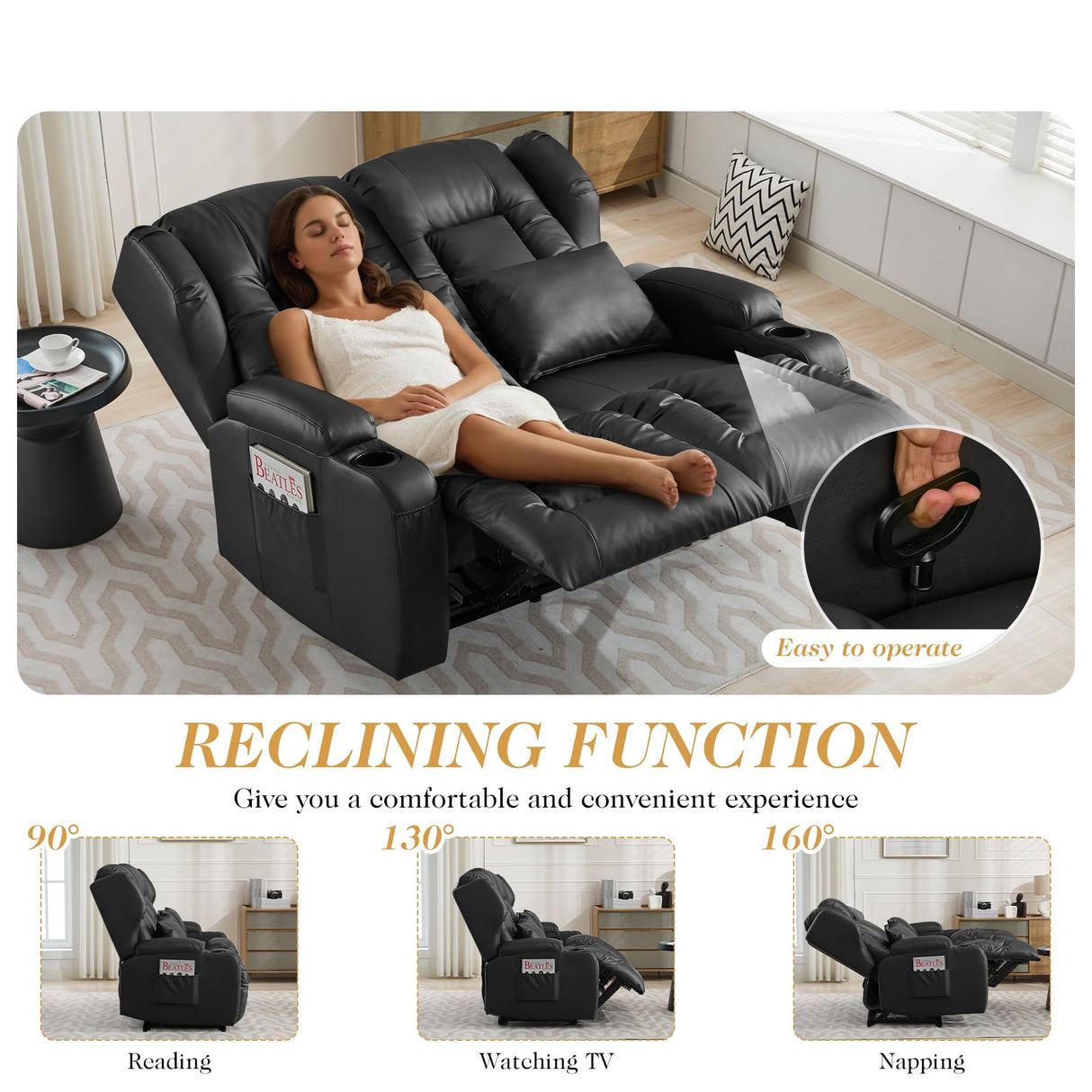 Loveseat Recliner Sofa,RV Couch 6'' Wall Hugger Recliners for Small Spaces,Faux Leather Reclining Loveseat Sofa Recliner with Cup Holders/Lumbar Pillows,RV Furniture (Black, Loveseat) Generic