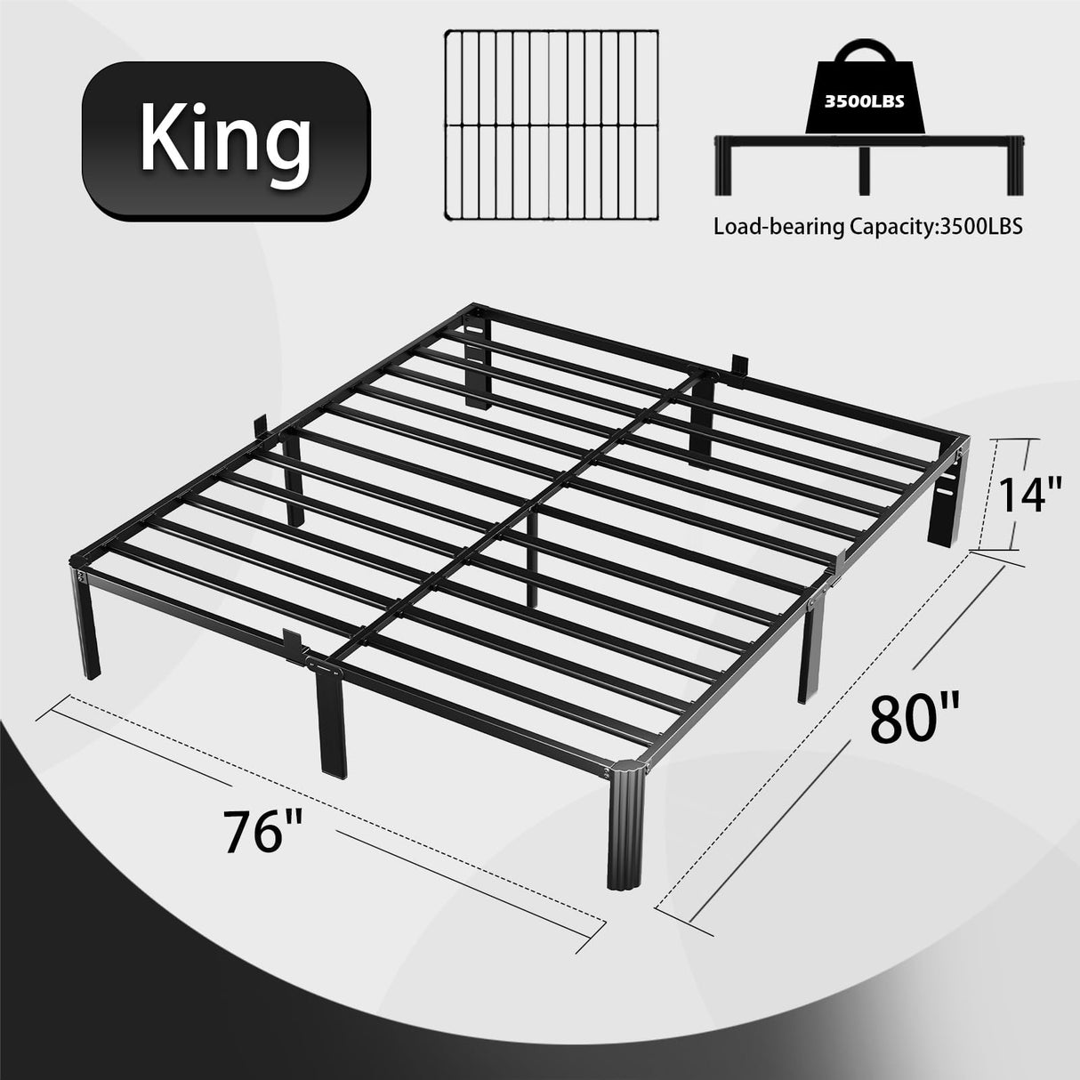 hiyuehome 14 inch King Size Bed Frame Metal Platform No Box Spring Needed with Headboard Hole Round Corner Legs Mattress Stoppers Retainers 3500LBS Queen Bed Frames Heavy Duty Steel Slats Noise-Free hiyuehome