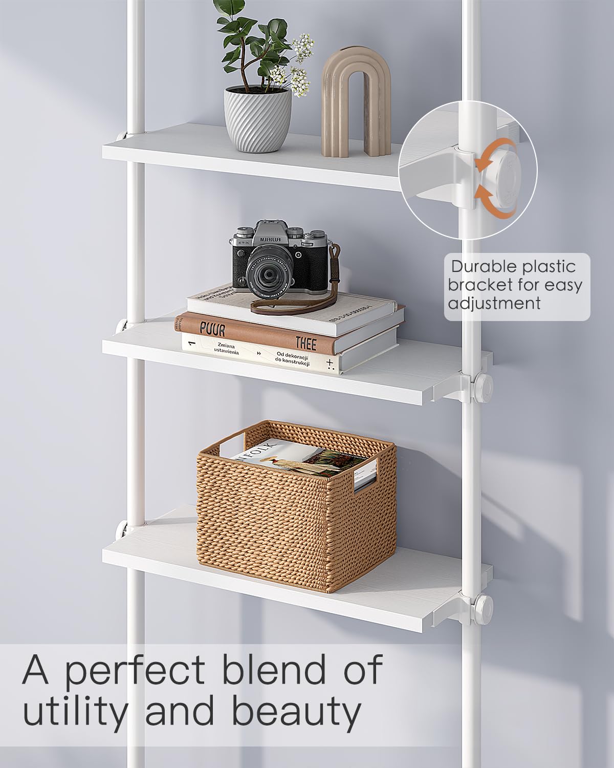 ALLZONE 5 Tiers Narrow Bookshelf, Tall Adjustable Ladder Book Shelf with Open Storage, Floor to Ceiling Tension Mount, Wooden Industrial Bookcase for Living Room, 92 to 116 Inch, White ALLZONE