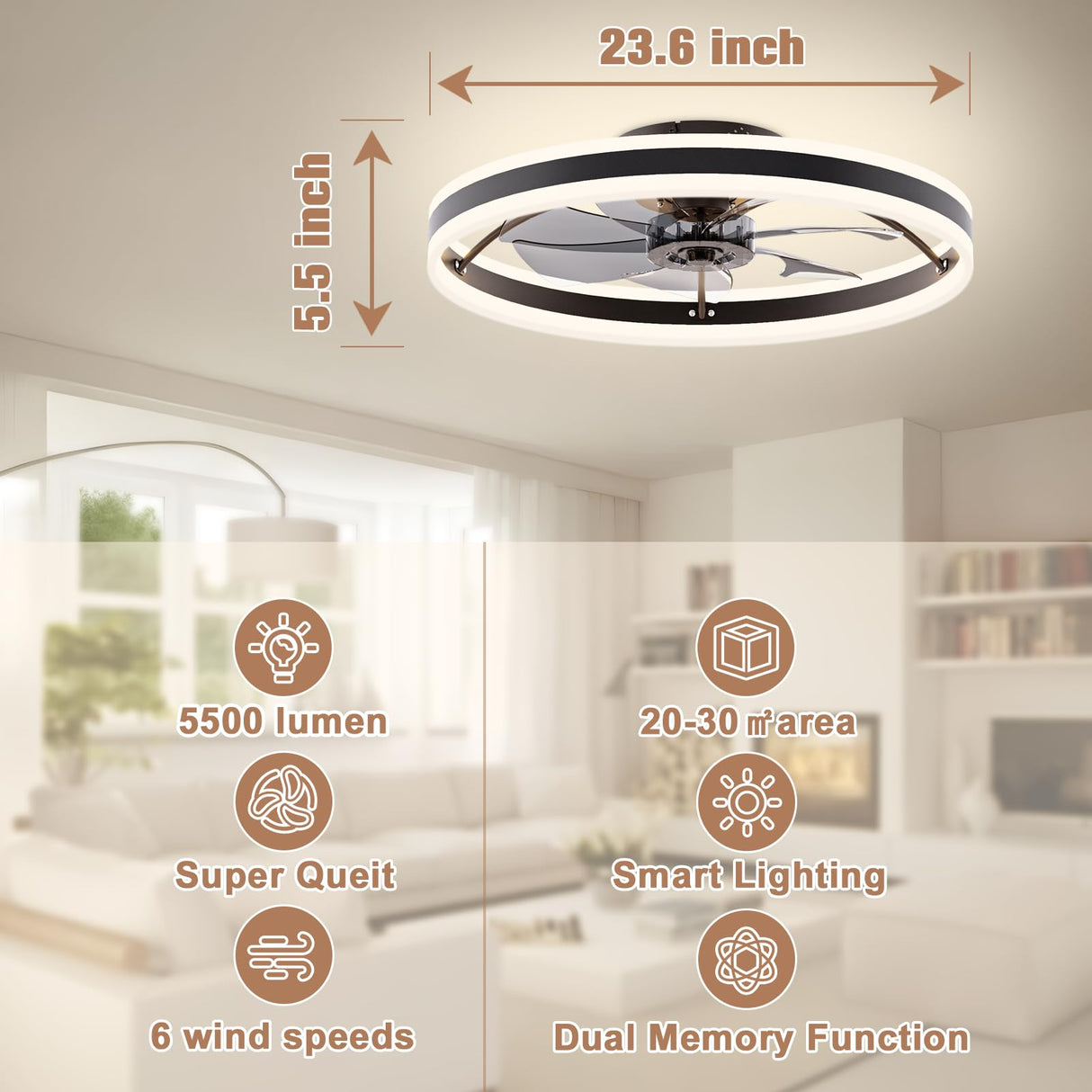 VOLISUN Low Profile Ceiling Fans with Lights and Remote, 23.6in Flush Mount Ceiling Fans with Light, 3000K-6500K Dimmable Fandelier LED Fan Light, Black Bladeless Ceiling Fans with Lights for Bedroom VOLISUN