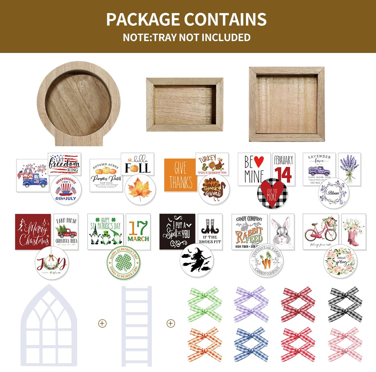 Farmhouse Christmas Tiered Tray Decor Set Year Round Seasonal Interchangeable Holiday Rustic Wooden Frames with Cards Ladder for Home Kitchen Table Decorations Centerpiece CRCZK