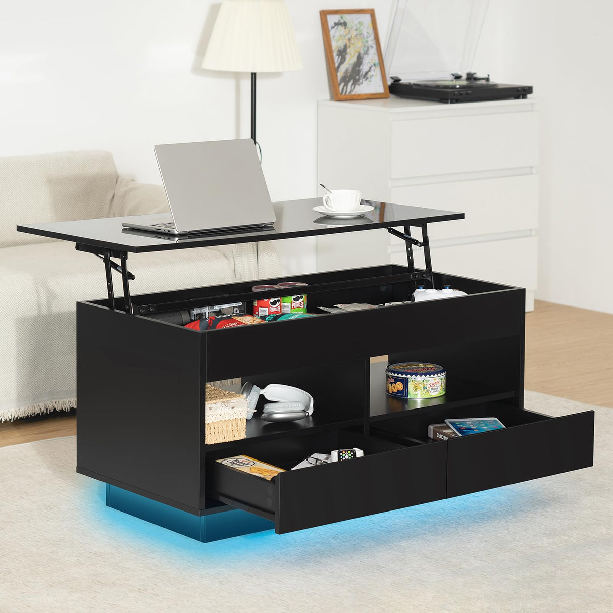 HOMMPA Lift Top Coffee Table with LED Light Morden Coffee Table with Storage Black Coffee Table for Living Room High Gloss Tea Table LED Center Tables Hidden Compartment & 2 Open Shelve & 2 Drawers HOMMPA