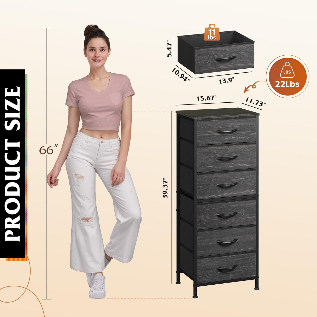 WLIVE Tall Dresser for Bedroom, 6 Drawer Dressers & Chests of Drawers, Fabric Dresser for Closet, Night Stand with Metal Frame, Storage Tower with Fabric Bins, Woodtop, Charcoal Black Wood Grain Print WLIVE
