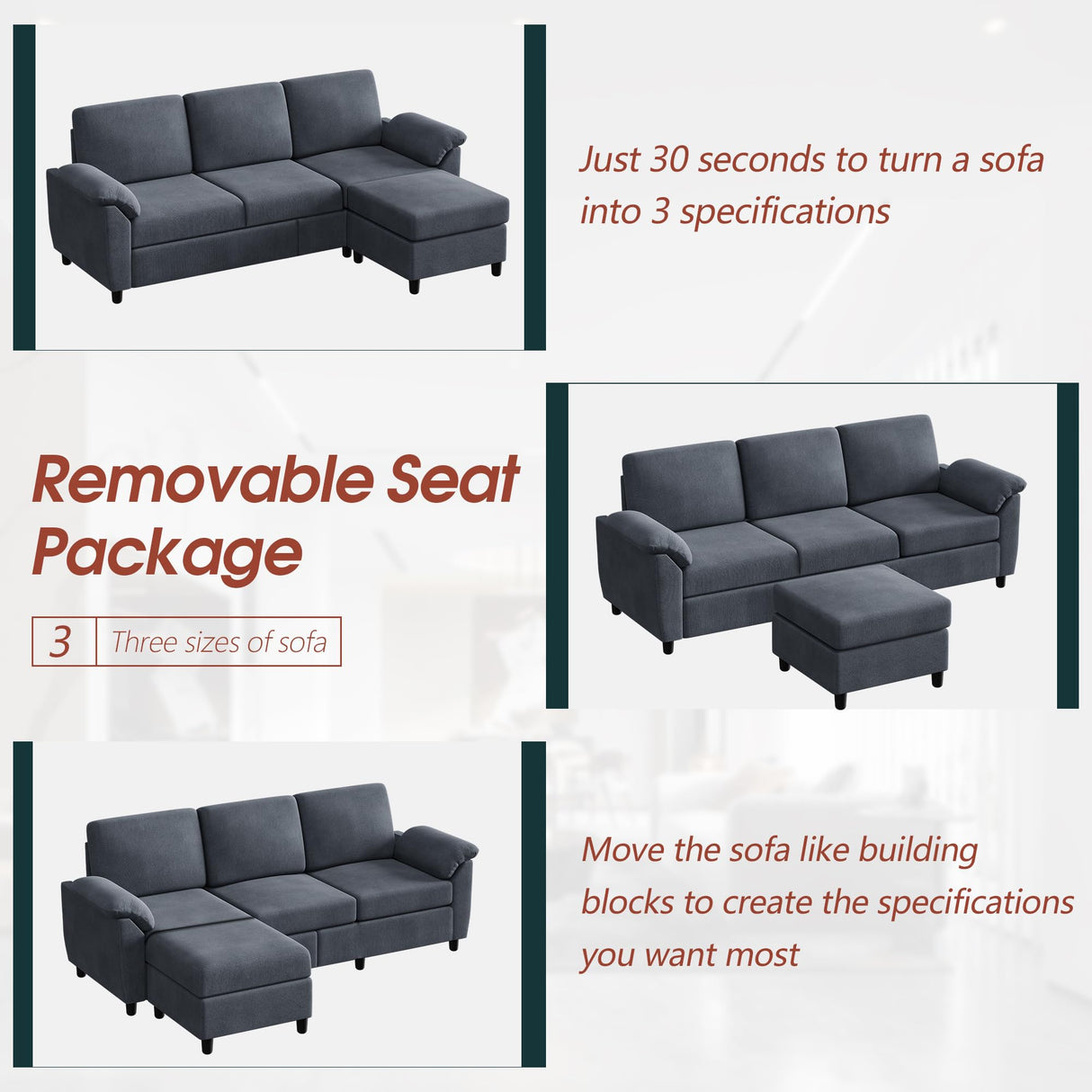 Vongrasig 79" Convertible Sectional Sofa Couch, 3 Seat L Shaped Sofa with Removable Pillows Linen Fabric Small Couch Mid Century for Living Room, Apartment and Office (Gray) Vongrasig