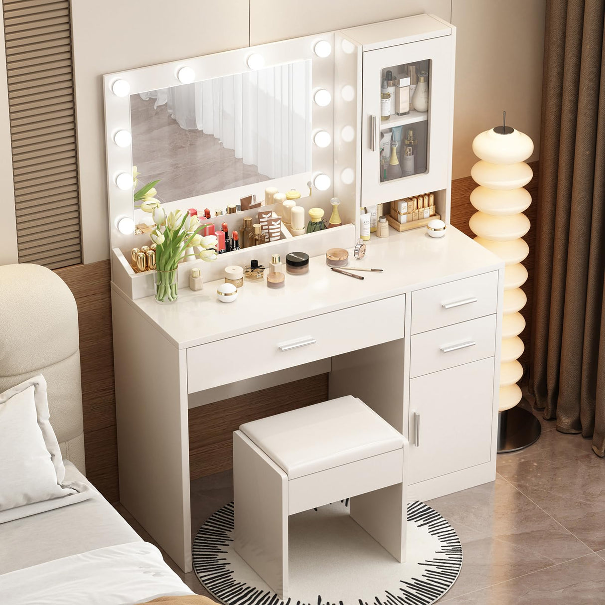 ENDYOE Makeup Vanity Desk Set with LED Lights Mirror Chair, Vanity Table with 7 Storage Shelves and 3 Drawers,3 Lighting Modes Adjustable Brightness Dressing Table for Bedroom,White ENDYOE