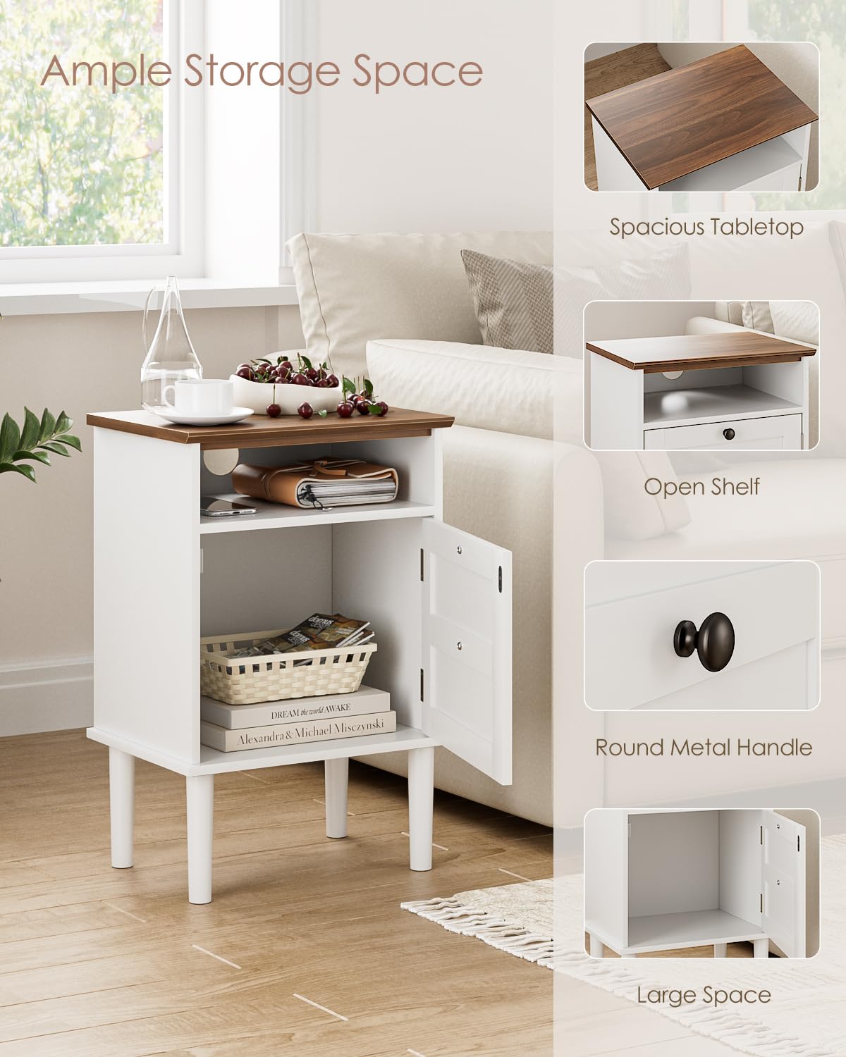 Apetaccat Nightstand, Boho Night Stand with 1 Drawer, Modern Side Accent Table with Open Shelf, Wooden Top Bedside End Table for Bedroom, Living Room, White Apetaccat