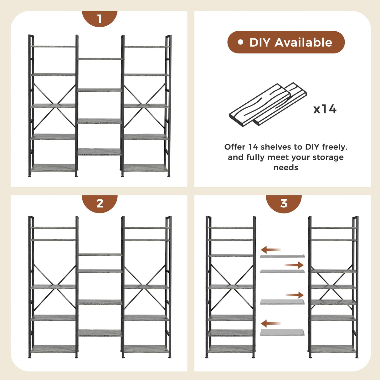 SUPERJARE Triple 5 Tier Bookshelf, Bookcase with 14 Open Display Shelves, Wide Book Shelf Book Case for Home & Office, Grey SUPERJARE
