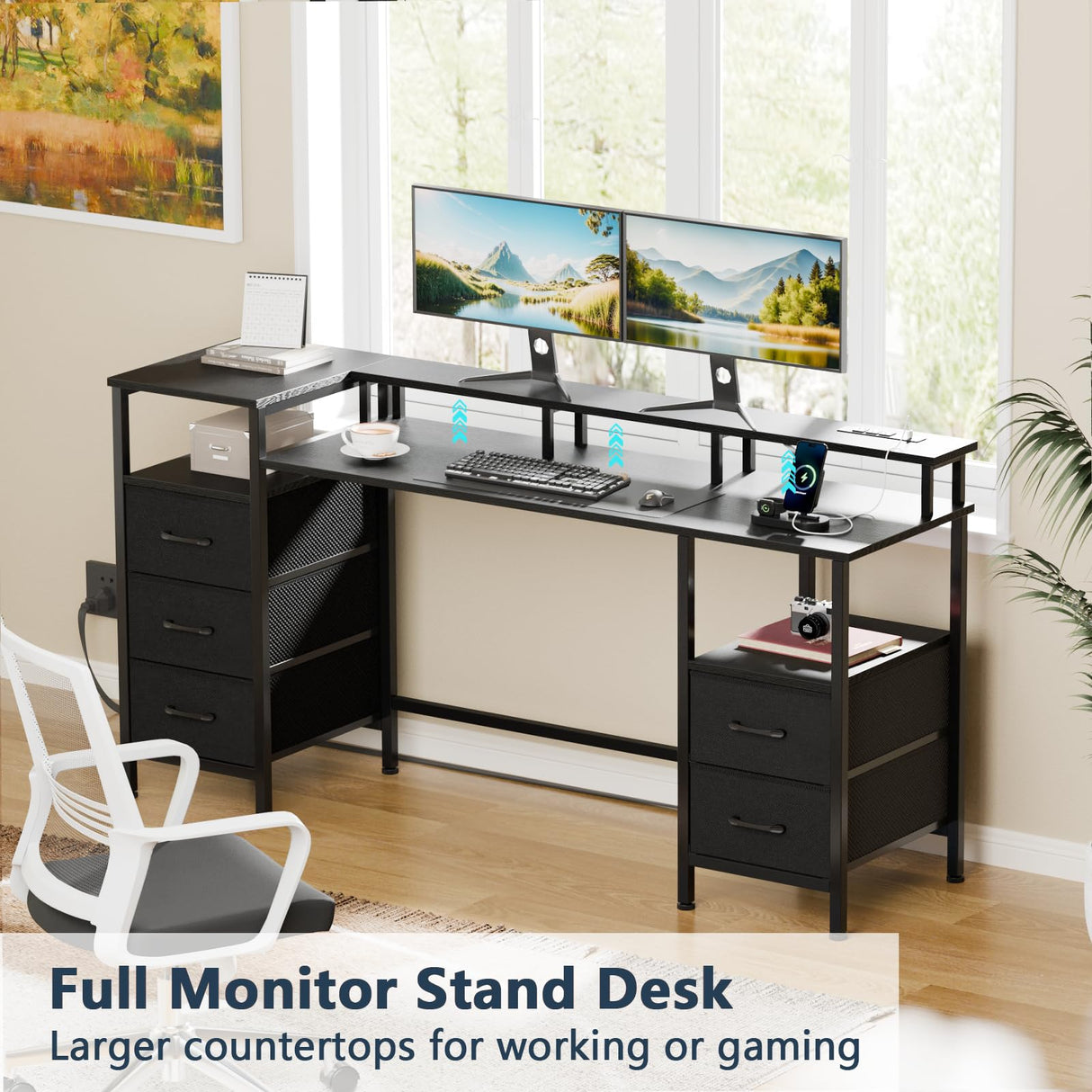 Korfile Computer Desk with Power Outlets & LED Lights, Gaming Desk with 5 Fabric Drawers for Bedroom, 55 Inch Home Office Desk with Monitor Stand & Storage Shelves for Working, Black Korfile