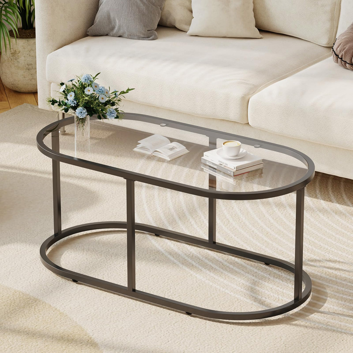 Wolawu Coffee Table Black Glass Coffee Tables for Living Room, Oval Table Center Table with Sturdy Metal Frame,Modern Tempered Glass Accent Tables for Bedroom Home Office Wolawu