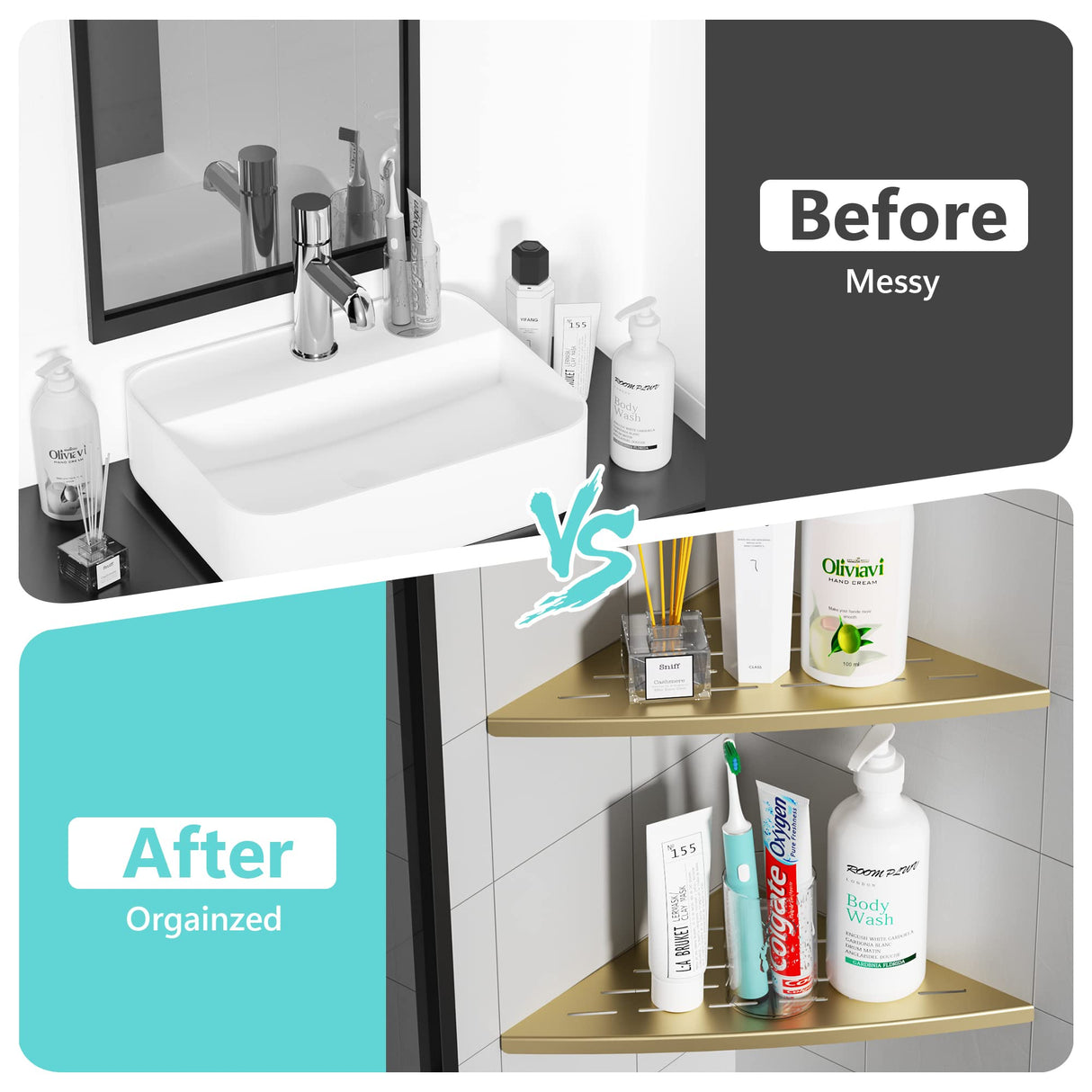 Qeke Corner Shower Shelf Brushed Golden, 304 Stainless Steel 11.5” Recessed Corner Shelf Bathroom for Tiled Wall, Floating Shower Shelves Shampoo Holder, No Drilling, 2 Pack Qeke