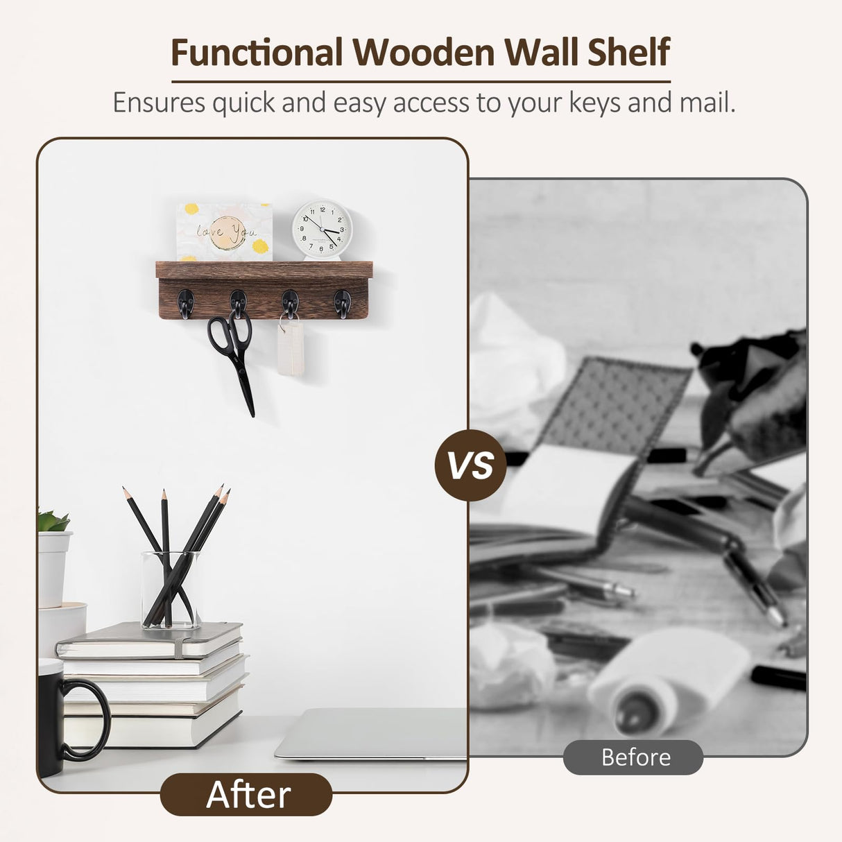 Nekon Key Holder for Wall Organization, Wooden Mail and Key Organizer for Entryway Hallway Kitchen Farmhouse, Key Holder Wall Mounted (Brown, 9.8 Inch) Nekon