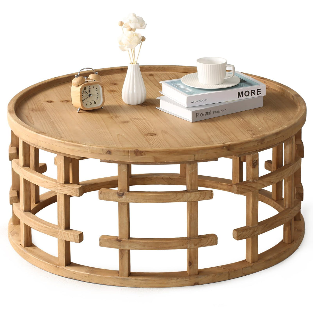 RUSTOWN Farmhouse Round Coffee Table, French Country Sofa Tables,Rustic Soild Wood Finish with Openwork Pattern and Curved Frame Base, Boho Handcrafted Wooden Coffee Table for Living Room, Natural RUSTOWN