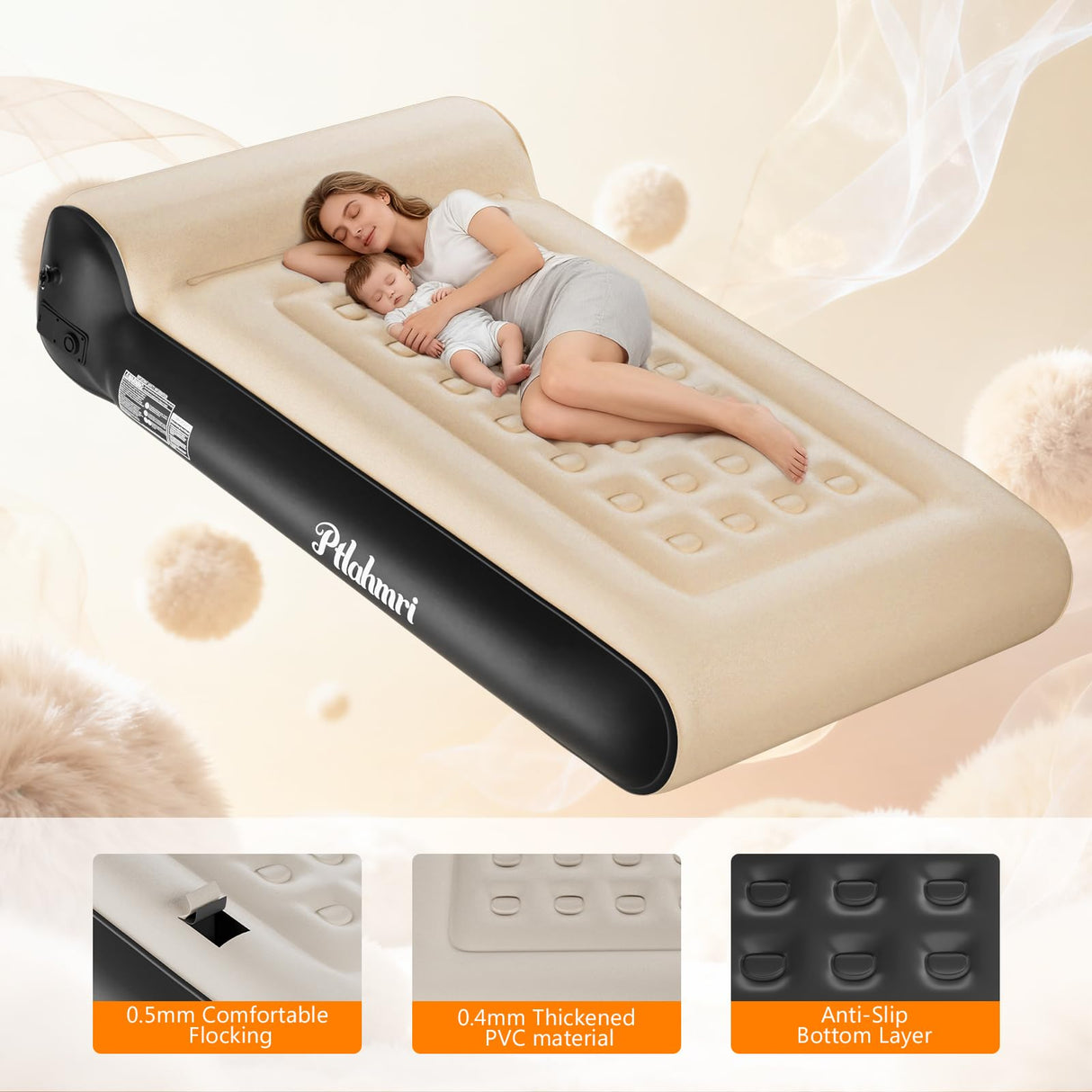 Ptlahmri Queen Air Mattress Full with Built in Pump,16" Comfort Flocking Inflatable Blow Up Mattress,Equipped for Home, Guests, Camping,Inflate in 3 Minutes, 660 lbs Max (Black) Ptlahmri