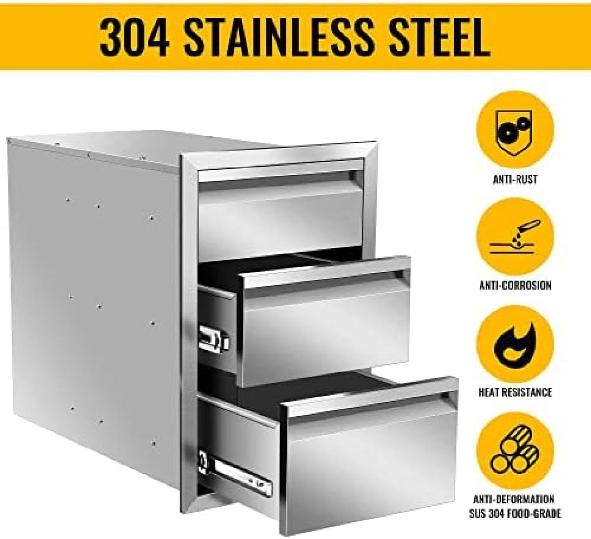 Outdoor Kitchen Drawer Stainless Steel BBQ Triple Drawer Flush Mount for Outdoor Kitchen Island,-14W X 21H X 23D Inch WoodArtSupply
