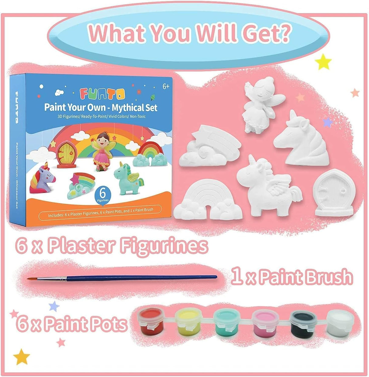 Funto Paint Your Own Unicorn Painting Kit, Arts and Crafts Set, STEAM Project Creative Activity DIY Toys, with 6 Figurines, 6 Paint Pots, 1 Brush Funto