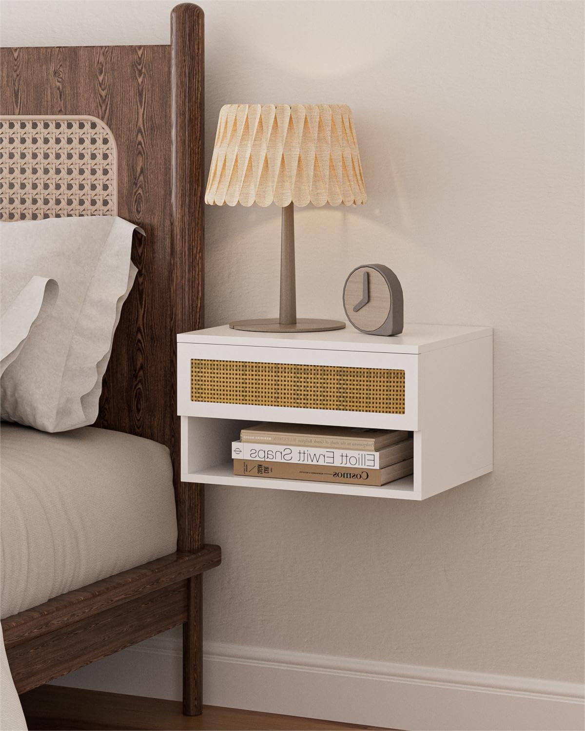 Aienvey Floating Nightstand, Small Modern Floating Nightstand with Drawer, Floating Shelves for Bedroom, Bathroom, White Rattan Aienvey