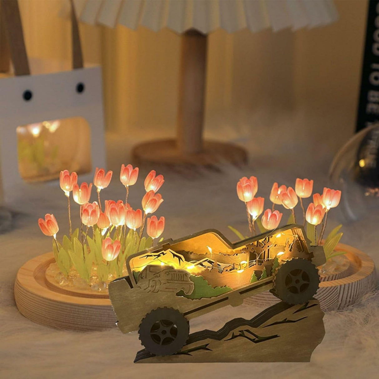 Drawelry 3D Wood Carving Lamp Home Creative Decorative, Funny Family Presents Ideas Christmas Living Room Office Decor Warm LED Night Lights Christmas Birthday Gift for Friend Son Dad Boys (Cool Car) Drawelry