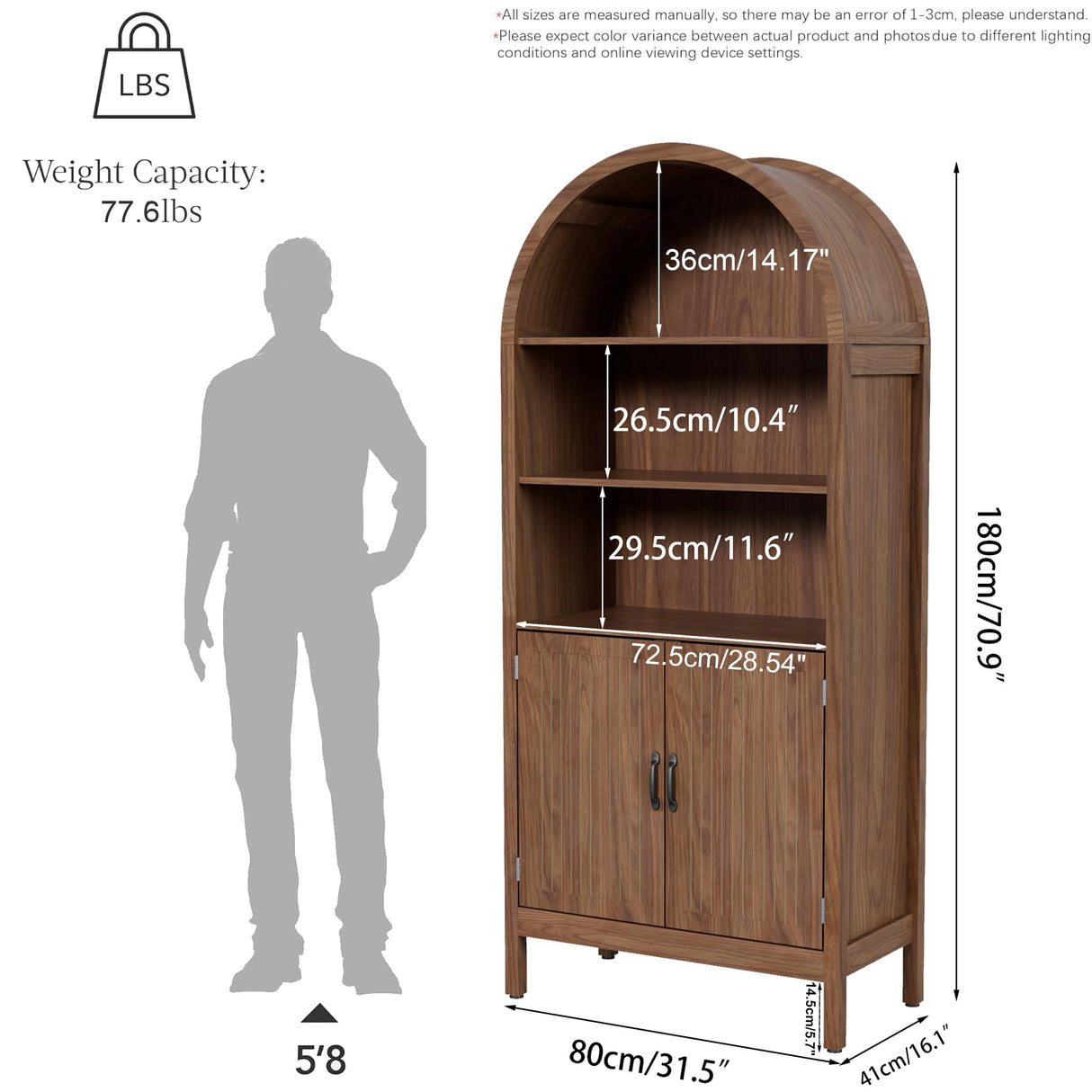 Lxsxlome 70.9" Arched Bookcase Bookshelf with Fluted Doors,5 Tier Mid-Century Modern Bookshelf Storage Cabinet,Wood Standing Tall Bookcase with Open Display Shelf for Home Office Living Room Bedroom Lxsxlome