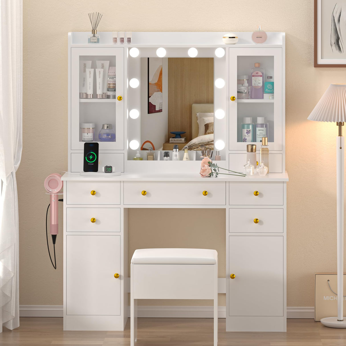 Wodeer Vanity Desk with Mirror and Lights, 43" White Makeup Vanity Set with 5 Drawers & Glass Cabinets, Storage Stool, Power Outlet & Adjustable LED Lights, Dressing Table for Women & Girls Bedroom Wodeer