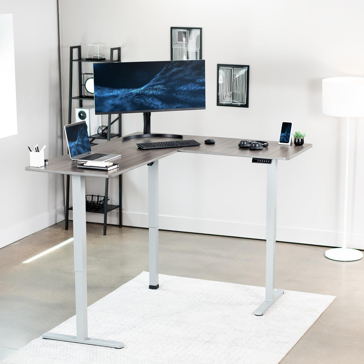VIVO Electric Height Adjustable 63 x 55 inch Corner Stand Up Desk, Gray Table Top, Gray Frame, L-Shaped Standing Workstation, 3CT Series, DESK-E3CTGG VIVO