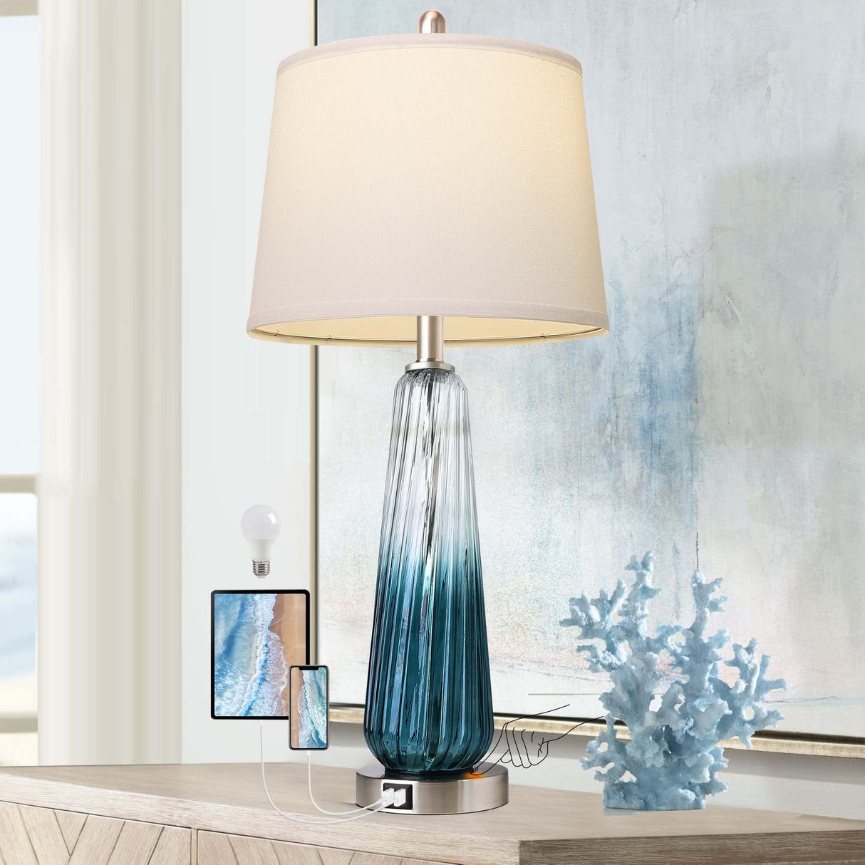 Table Lamps for Living Room with Touch Control, 3-Way Dimmable Bedside Lamps with 2 USB Ports, Modern Glass Nightstand Lamp with White Fabric Shade, 27.5" Large Lamps for Home Bedrooms Decorations QiMH