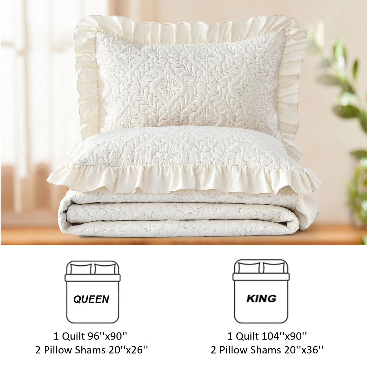 DJY Queen Quilt Bedding Set Size, Beige Ruffled Lightweight Soft Bedspreads Queen Size Coverlet, Basket Weave Quilted Blanket Thin Quilt Bed Cover for All Season - 3 Piece (1Quilt, 2 Pillow Shams) DJY