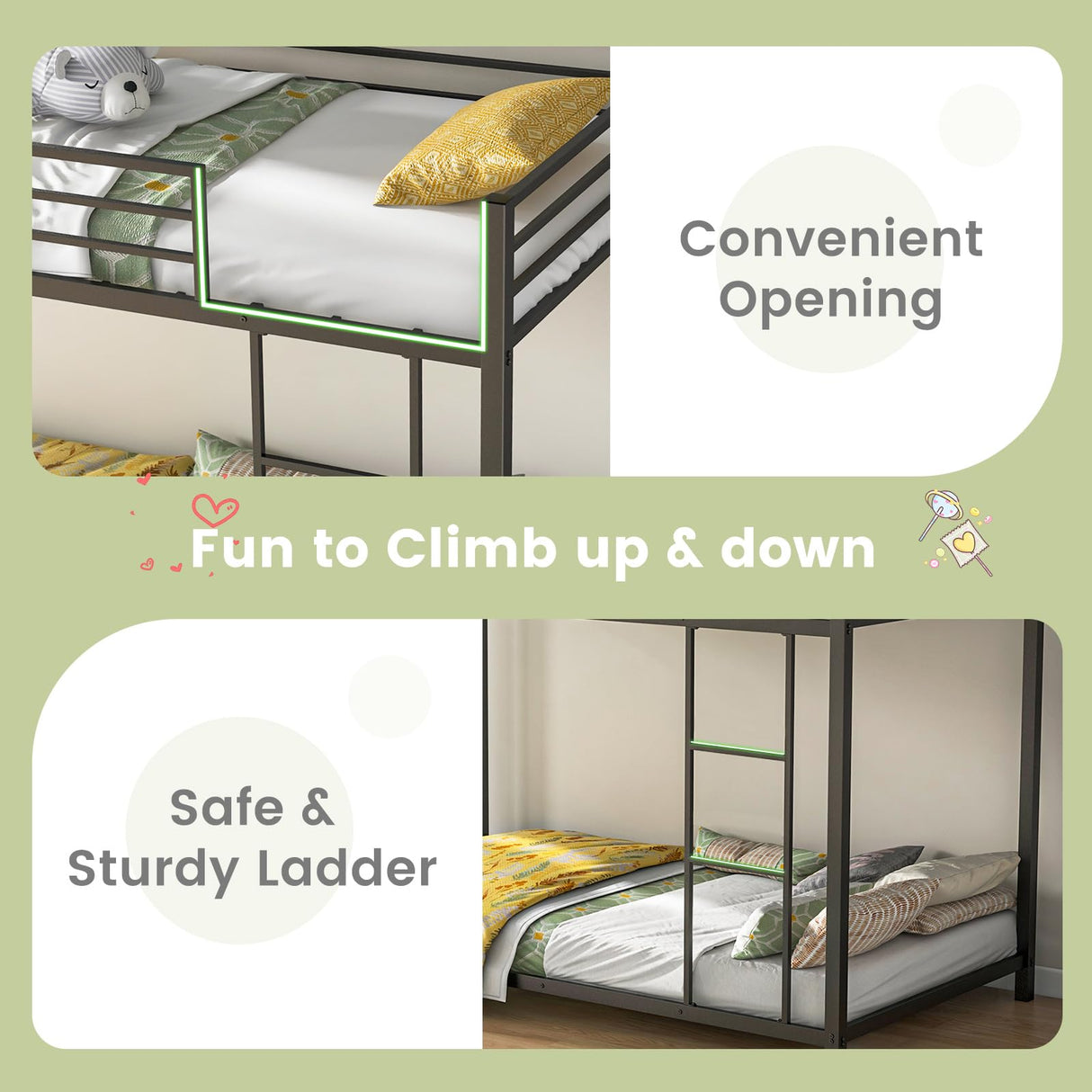 Giantex Metal Bunk Bed Twin Over Twin, Low Profile Bunk Bed Frame with Ladder & Full Length Guardrail, Space-Saving Twin Size Bed Frame for Kids Teens, No Box Spring Needed, Black Giantex