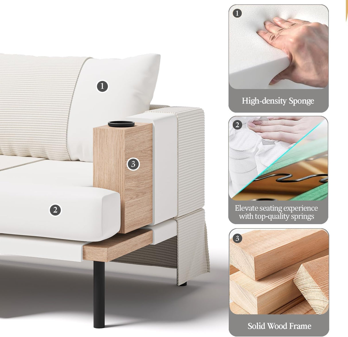 ASAHREE 47'' Mid Century Oversized Reading Armchair Sofa, Corduroy 2 Seater Upholstered Loveseat Couch with 2 Cup Holder, Comfy Modern Accent Chair for Bedroom, Living Room (Corduroy Cream White) ASAHREE