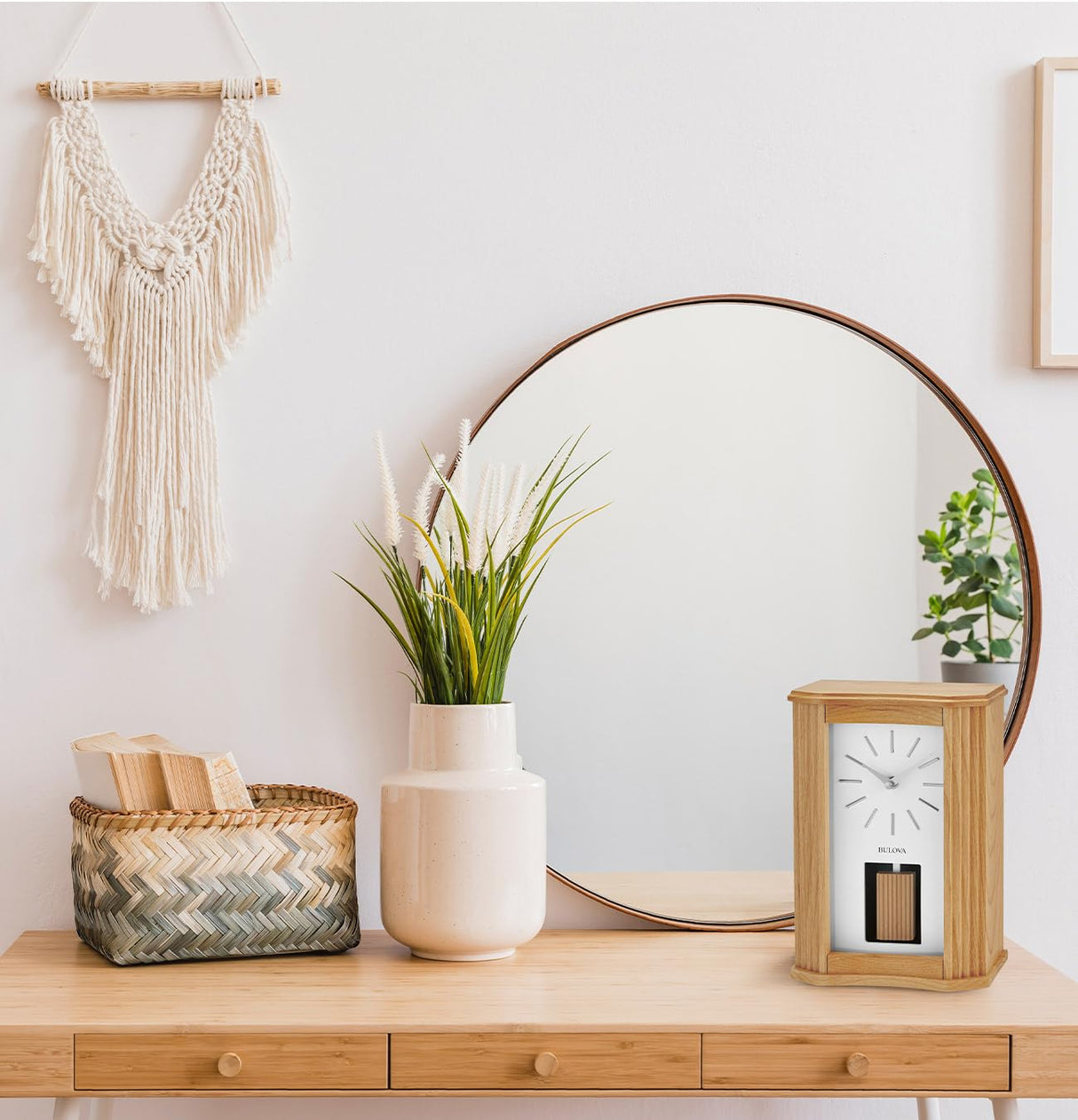 Bulova Chicago Modern Chime Table Clock, Model B1525 | Mid-Century Design | Melodic Chimes | Natural Wood Grain | Adjustable Volume | Automatic Night Shut-Off J. Thomas