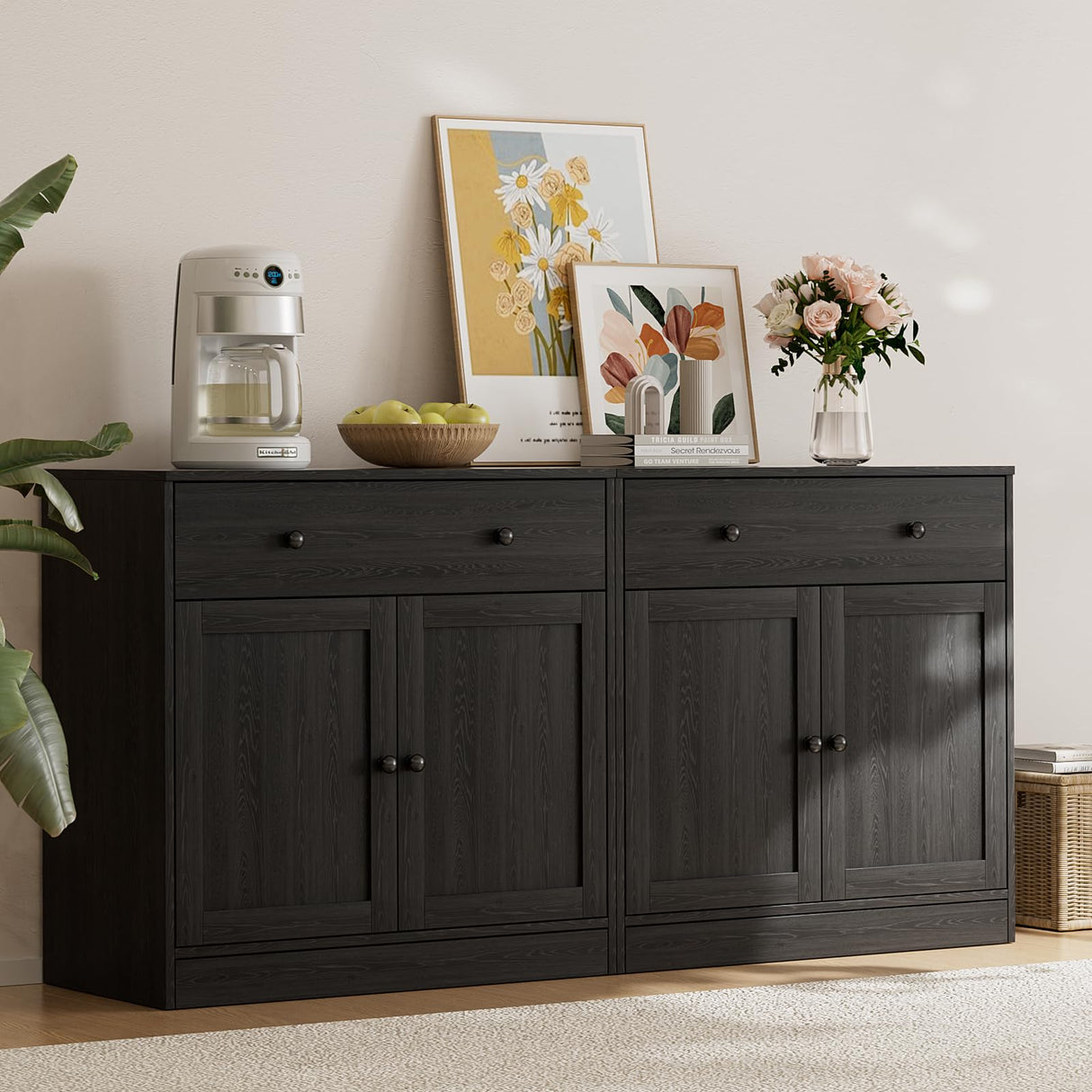 TUSY 4-Piece Large TV Stand with Bookshelves for TVs up to 75", TV Entertainment Center Media Center with Tempered Glass Doors and Shelves, TV Hutch for Living Room White (Black) TUSY