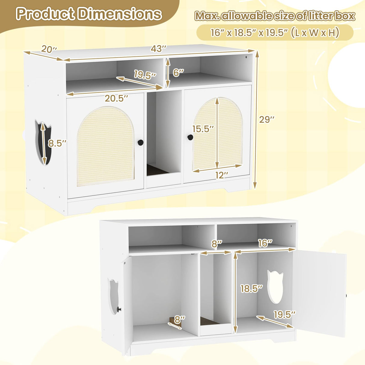 Tangkula Double Litter Box Enclosure, 43 Inch Hidden Litter Box Furniture with Shelves, Removable Scratching Board, 2 Sisal Mats, Large Enclosed Cat Box Enclosure for 2 Cats (White) Tangkula