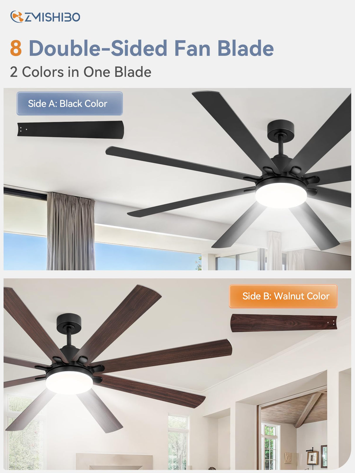72 Inch Large Ceiling Fan with Remote, Indoor/Outdoor Industrial Ceiling Fan with Large LED Panel, Quiet Reversible DC Motor, 6-Speed, 3CCT, Black Ceiling Fans with Light for Patio, Livingroom, Garage ZMISHIBO