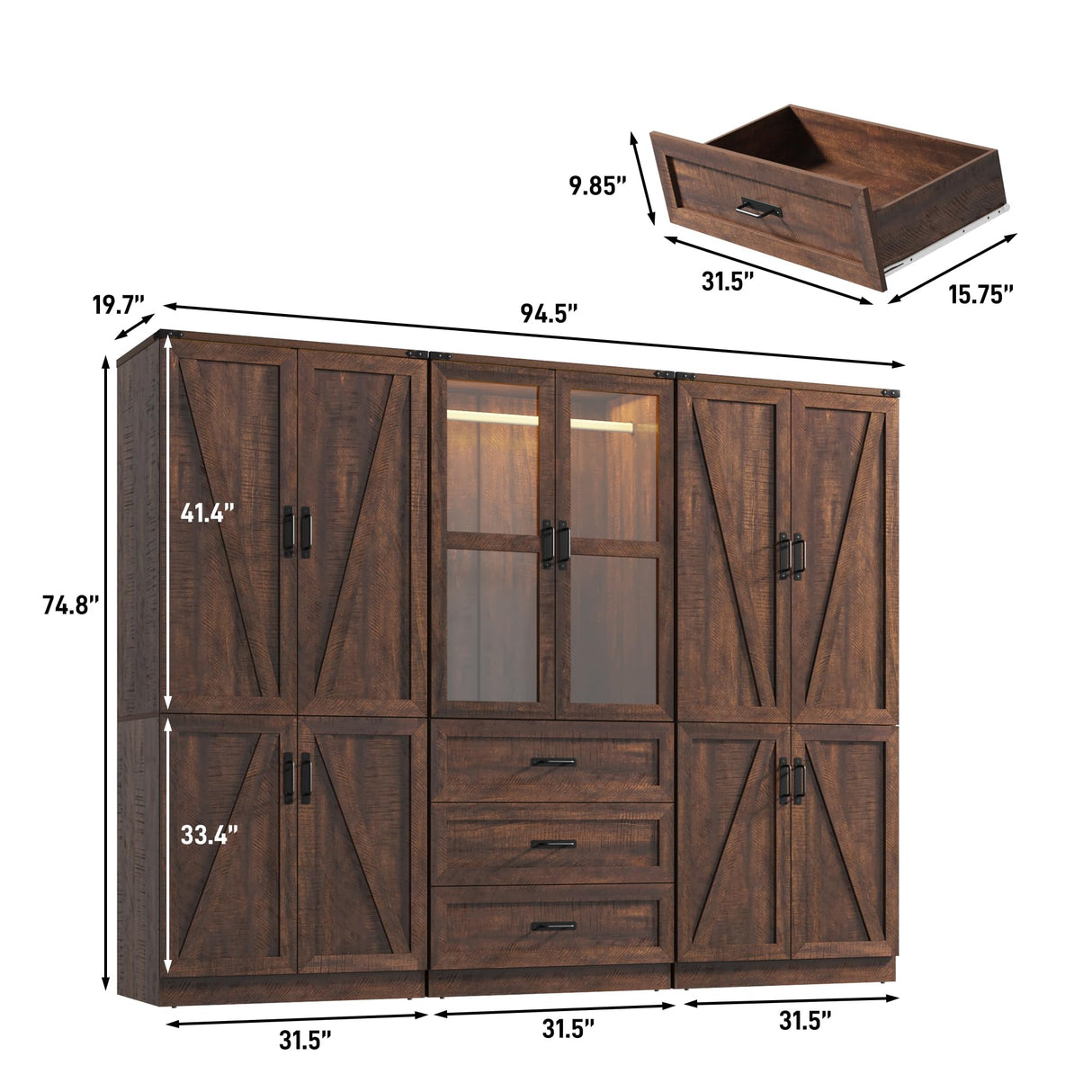 Hlivelood 75" Tall Farmhouse 6 Doors Armoire Wardrobe Closet with 3 Drawers and LED,Freestanding Closet Wardrobe Cabinet for Bedroom with Hanging Rod,Wooden Armoire Storage Cabinet(Brown 6 Doors 1) Hlivelood