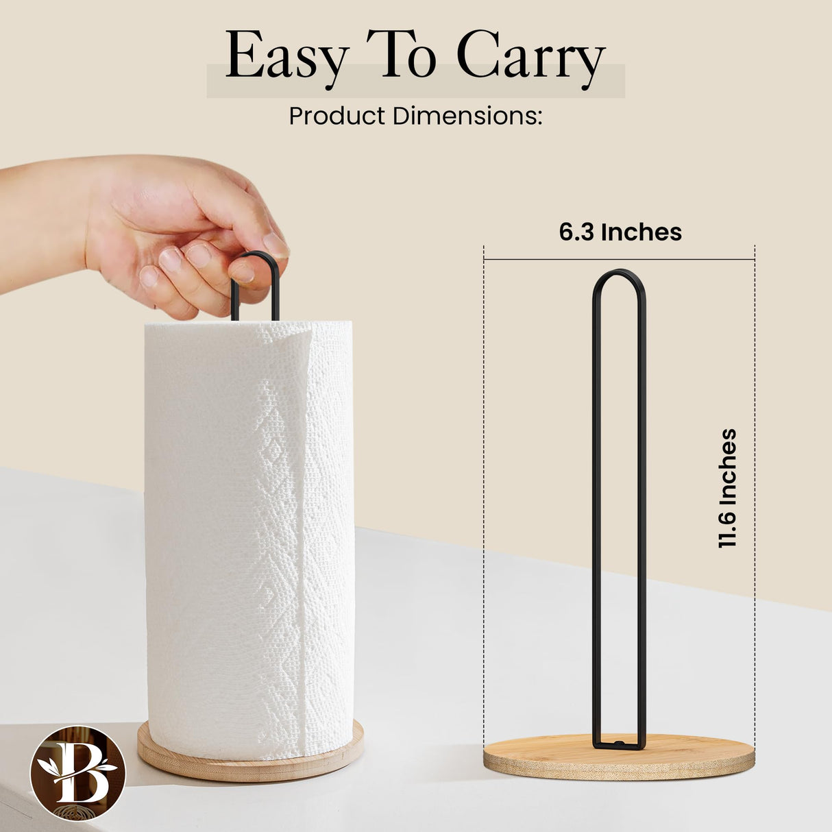 Paper Towel Holder - Wooden Paper Towel Holder with Non-Slip Wood Base, Minimalistic Modern Style, Countertop Paper Towel Holder, Black Paper Towels Holder, Paper Towel Stand for Kitchen, Home, Office Bambüsi