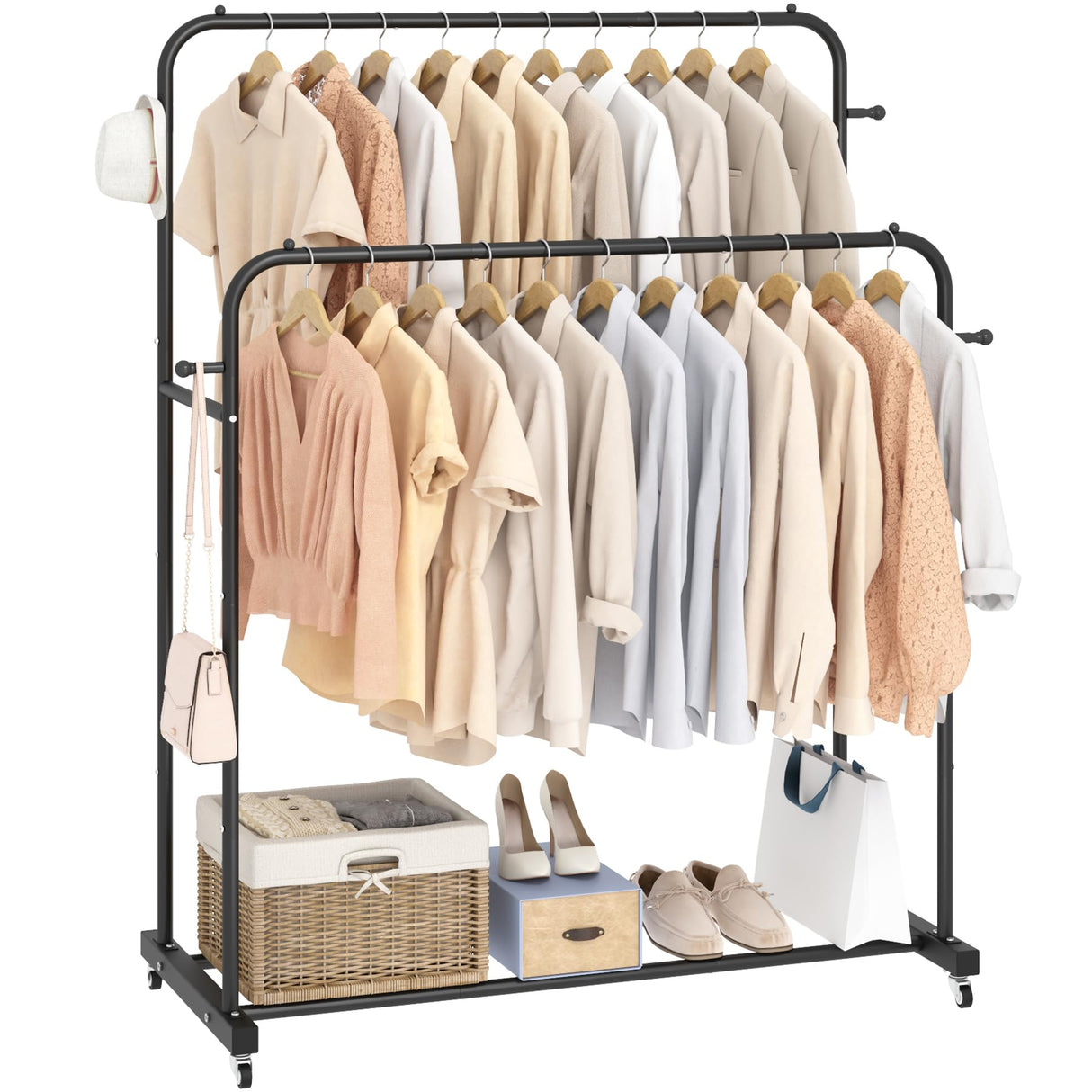Laiensia Double Rods Garment Rack with Wheels, Clothing Rack for Hanging Clothes,4 Hooks, Multi-functional Bedroom Clothes Rack, Black Laiensia