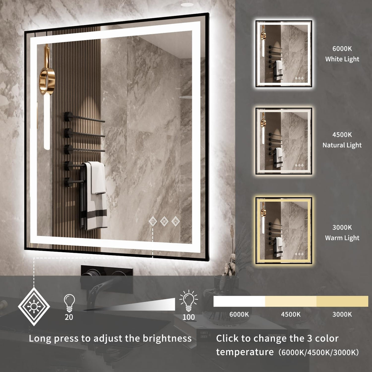 SNUGACE 24"x 40" LED Bathroom Mirror with Black Frame, Stepless Dimmable, Anti-Fog, Shatter-Proof, Memory, 3 Colors, LED Vanity Mirror SNUGACE