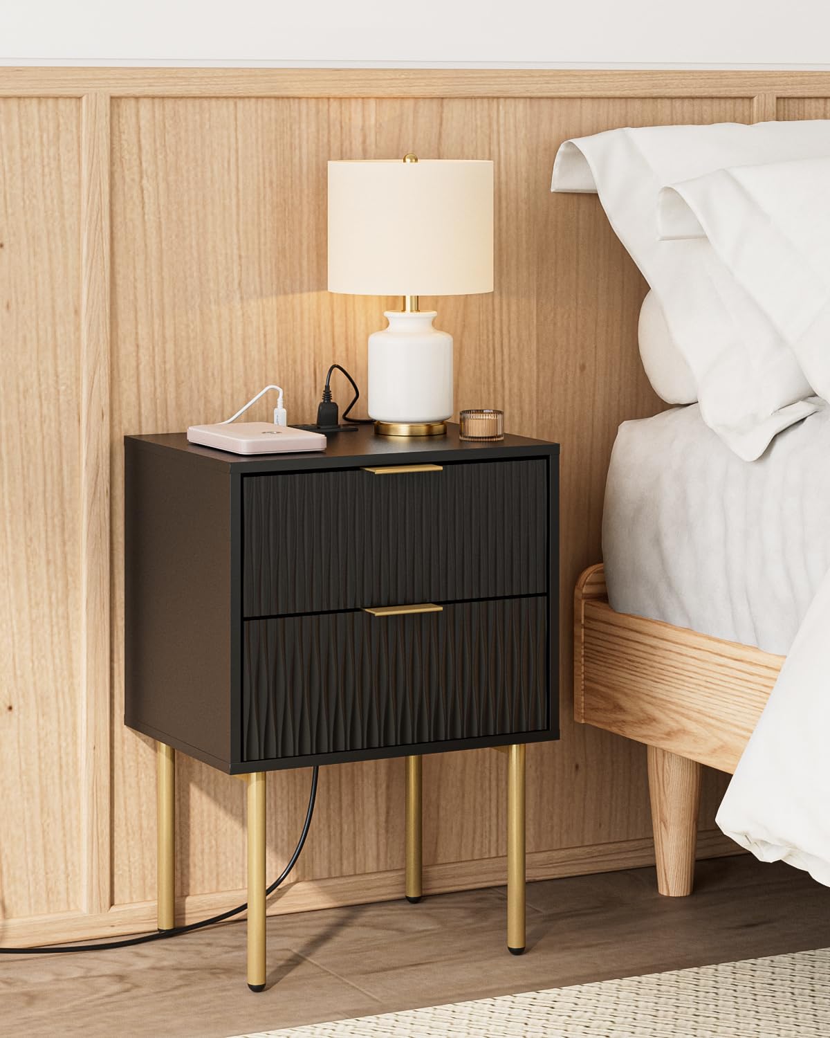Aienvey Night Stand Charging Station, Modern Bedside Table with Storage 2 Drawer and Open Wood Shelf, Night Stand, End Table for Bedroom, Living Room, Black Aienvey