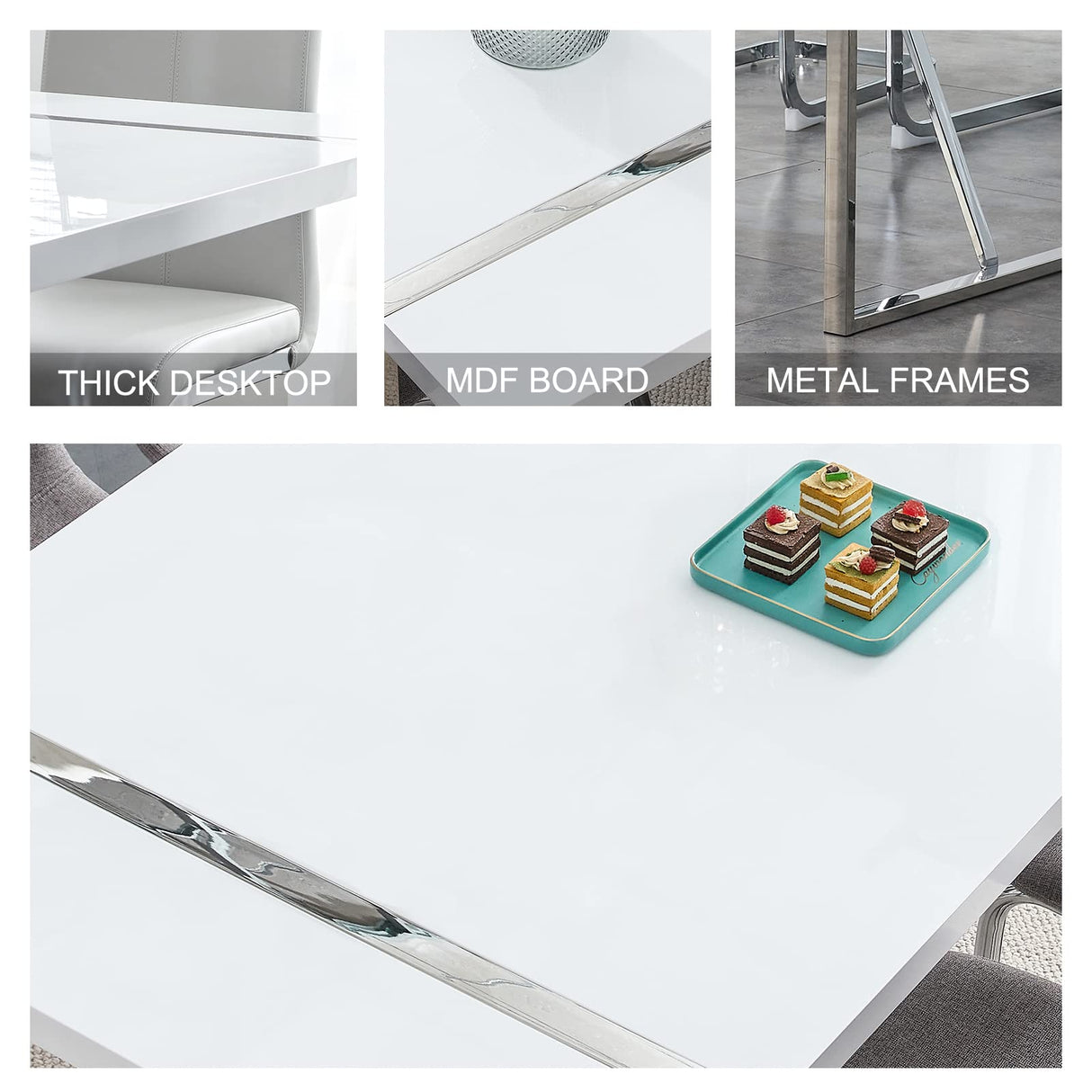 Dining Table Set for 6,White Rectangular MDF Kitchen Table and Leather Dining Chairs Set of 6, 7 Piece Dining Table Set,Modern Metal Frame Dining Room Table Set 6 with Metal Frame For Kitchen Ebullient